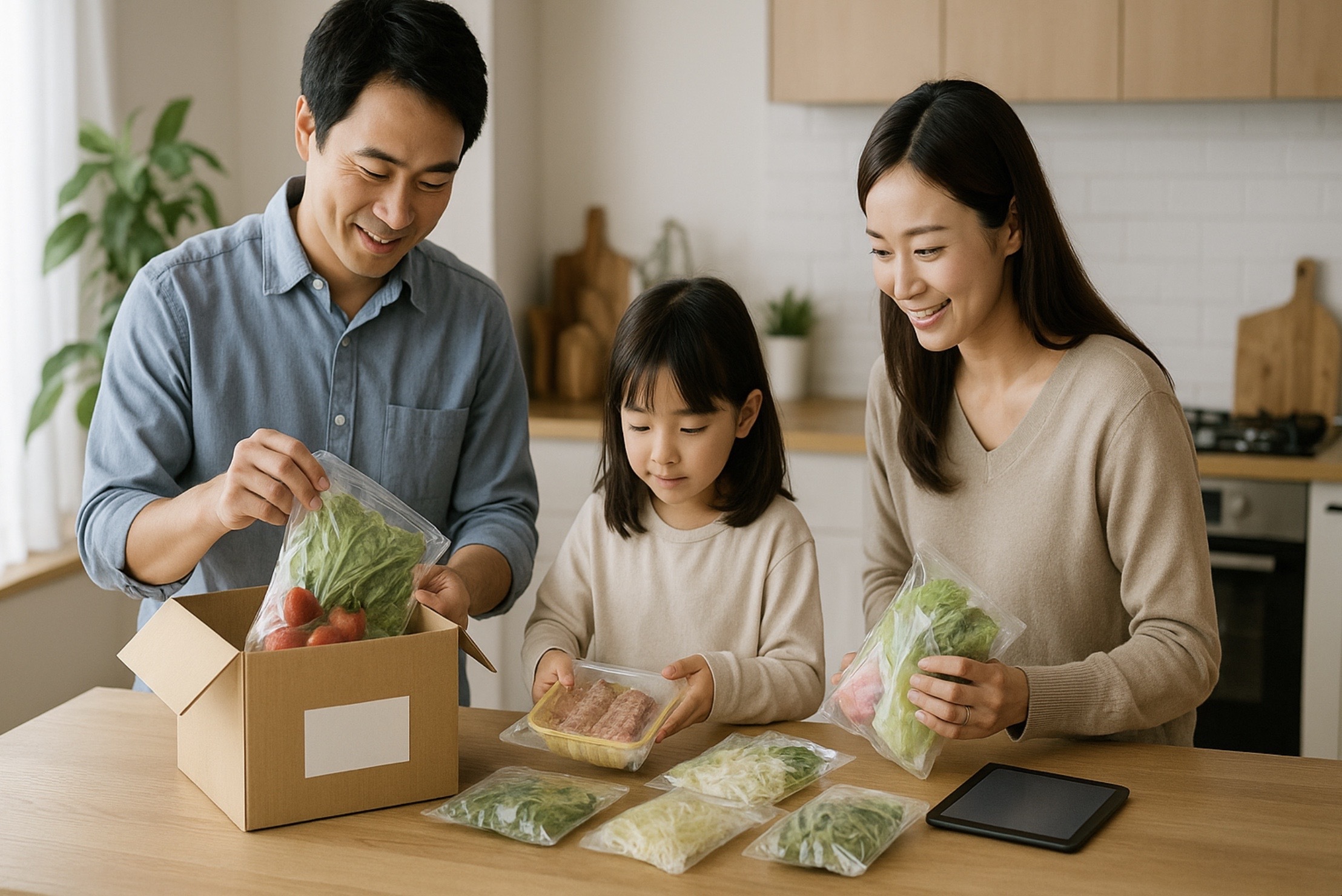 現代的な日本の家庭のキッチンで、共働きの父母と小学生の娘がミールキットの具材を箱から取り出し、夕食準備を効率よく進めている様子