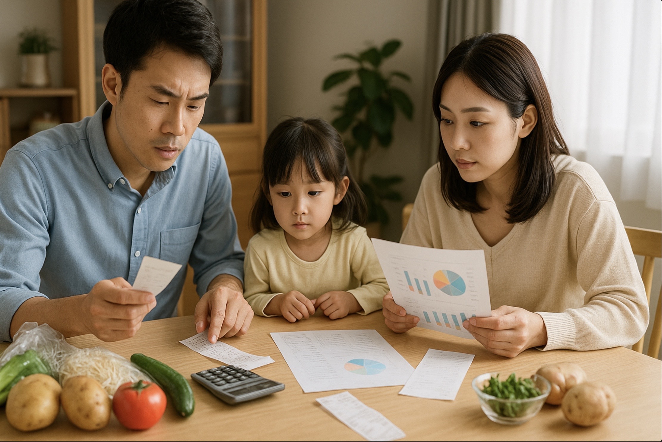 共働きの日本人夫婦が子どもと一緒にダイニングテーブルでレシートと計算機を見比べ、食費やミールキットの予算配分を話し合う様子