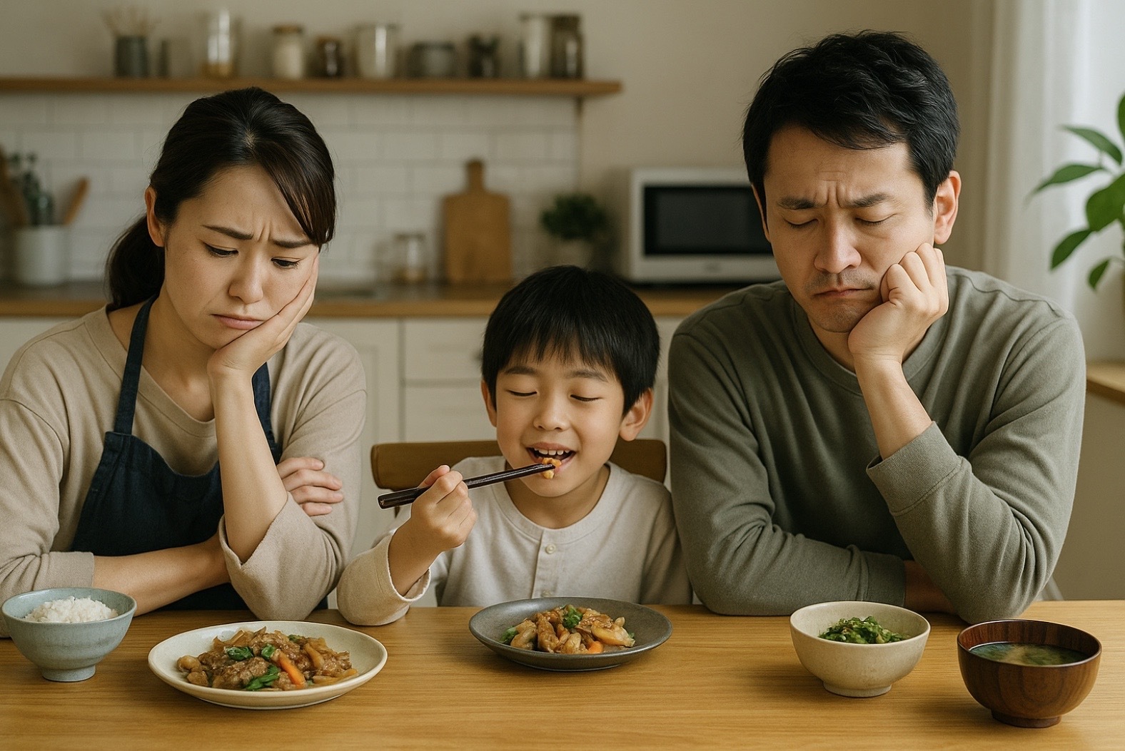 日本人の共働き家庭が食卓を囲む様子。両親は料理の量やコスト面に不満を抱えた表情を浮かべている一方、子どもは楽しそうに食事をしている。ヨシケイ利用におけるネガティブな口コミを象徴するイメージ。