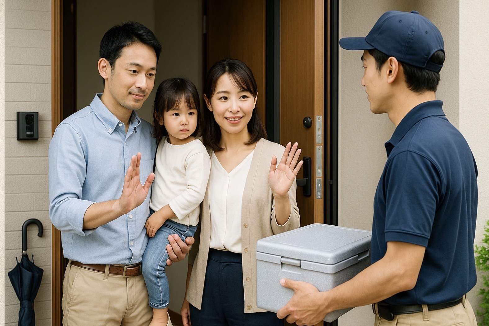 日本人の共働き家庭が自宅の玄関先で配達スタッフに丁寧に断りを伝える場面を写した16:9写真。落ち着いた距離感と保冷ボックスが見える、押しつけのない丁寧な営業対応のイメージ。