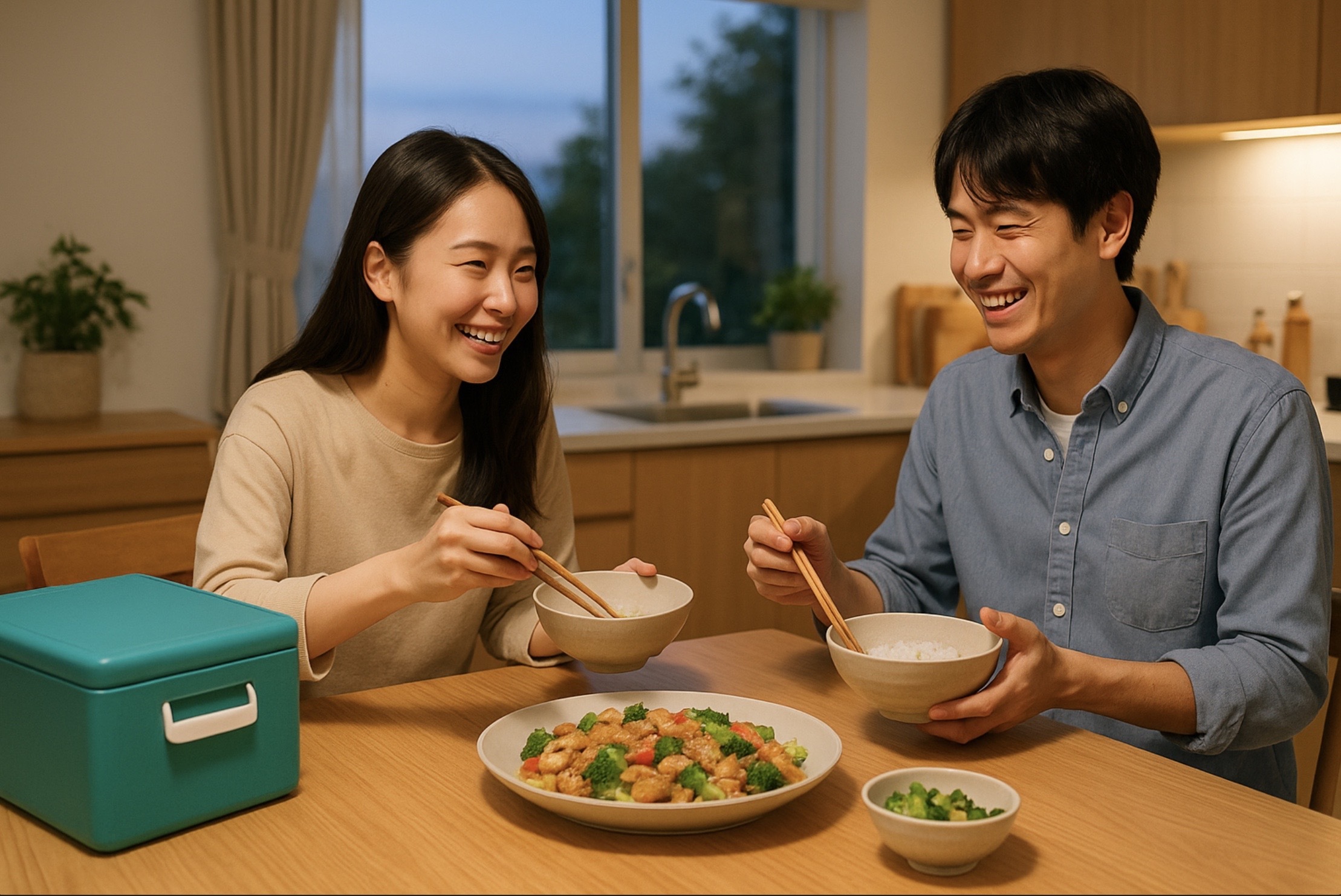 日本人の若い共働きカップルが明るいキッチンの食卓に向かい合い、ミールキットで作った彩り豊かな主菜を取り分けて笑顔で夕食を楽しむ様子。時短調理で生まれる心の余裕を表現。