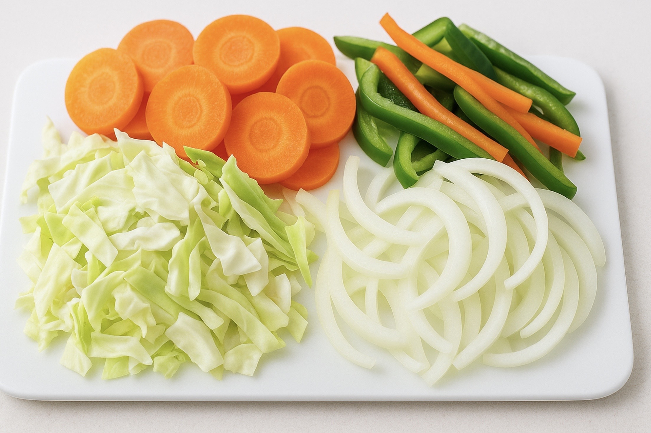 白いまな板に整然と並べられた新鮮なキャベツ、ニンジン、タマネギ、ピーマンのカット野菜を横長16:9で撮影した写真。彩りと鮮度が強調され、食材宅配サービスの品質管理をイメージできる
