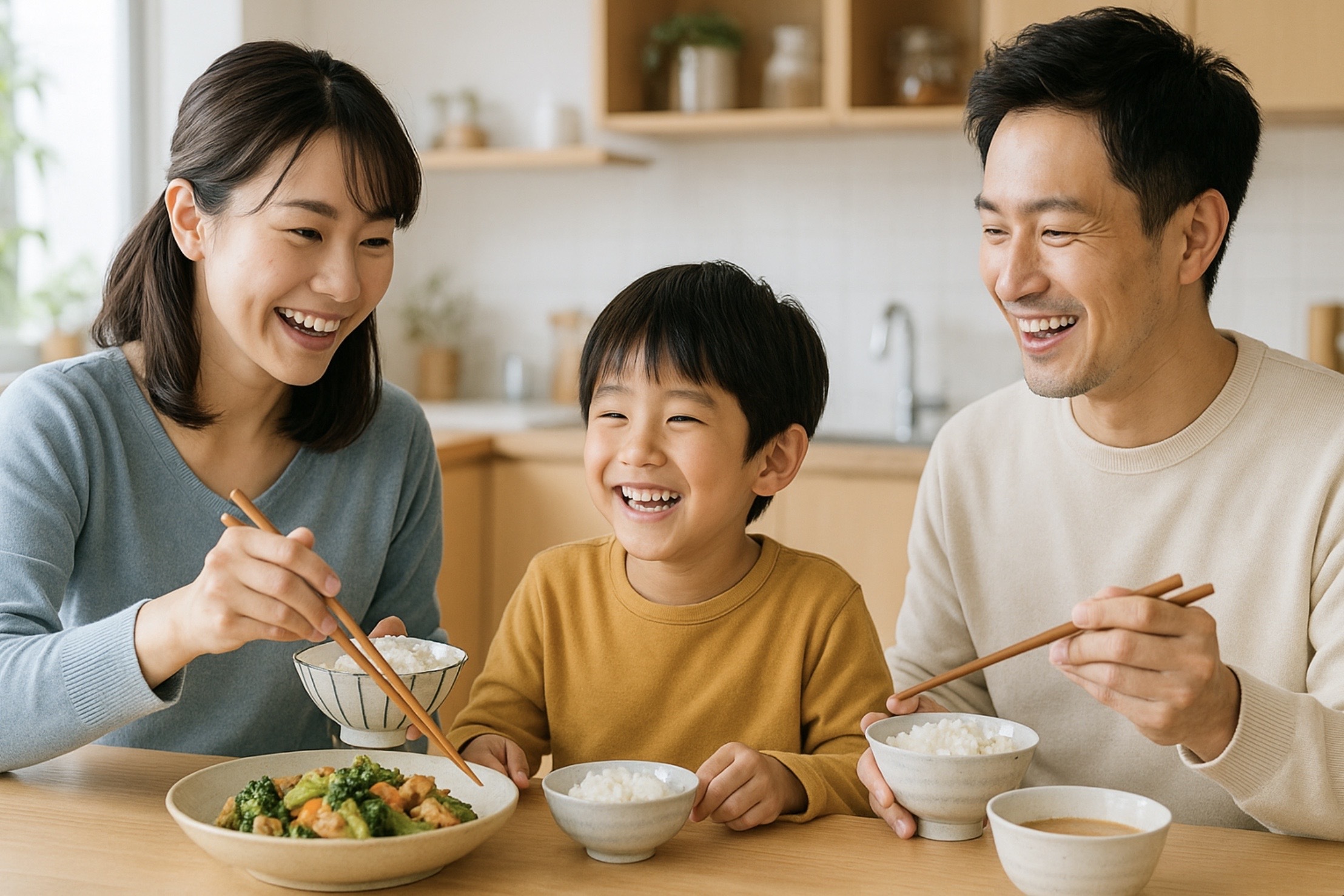 日本人の共働き家庭が明るいキッチンで夕食を囲む様子。母親が料理を取り分け、父親と小学生くらいの子どもが笑顔で受け取る場面。ヨシケイ利用による時短と家族の団らんを表現。