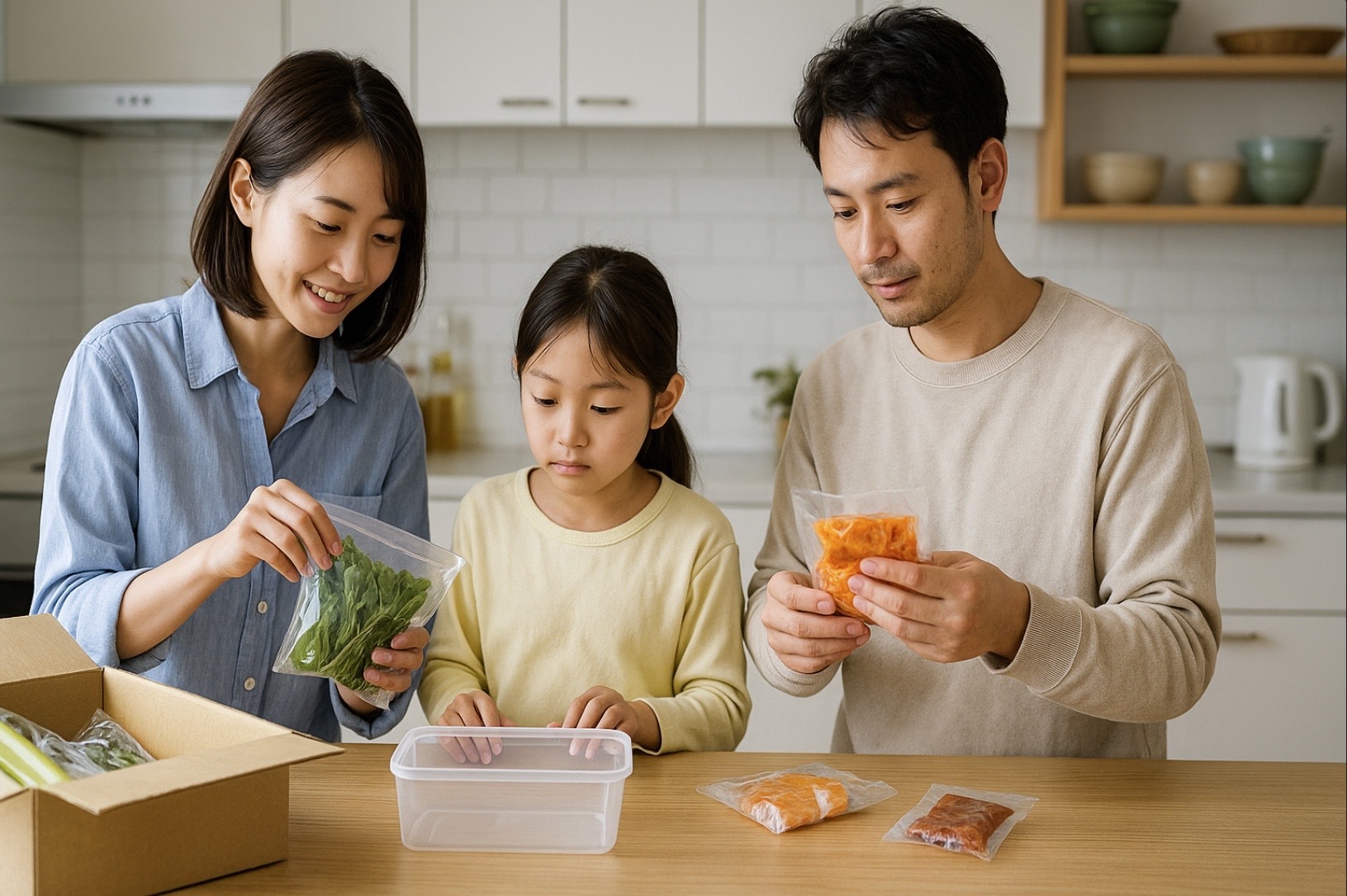 キッチンで日本人の夫婦と幼い娘がミールキットの具材を仕分ける様子を横長で捉えた写真。各自が個包装の野菜や食材を確認しており、家庭でのアレルギー・苦手食材の自己管理をイメージできる。