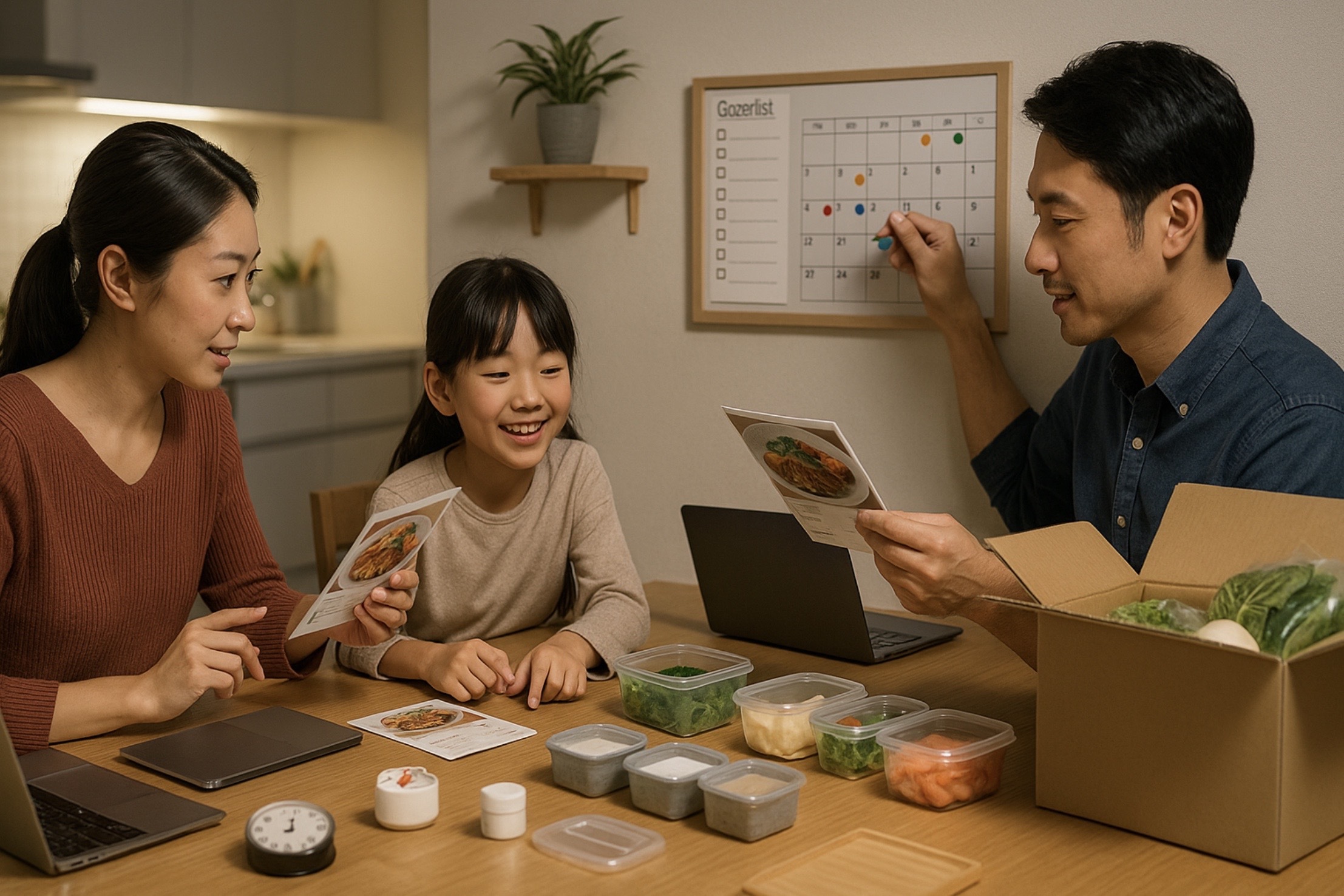 計画的にミールキットを活用する日本人の共働き家族。ダイニングテーブルでスマホの週次メニューを確認しながら、子どもと一緒に食材ボックスを仕分ける様子