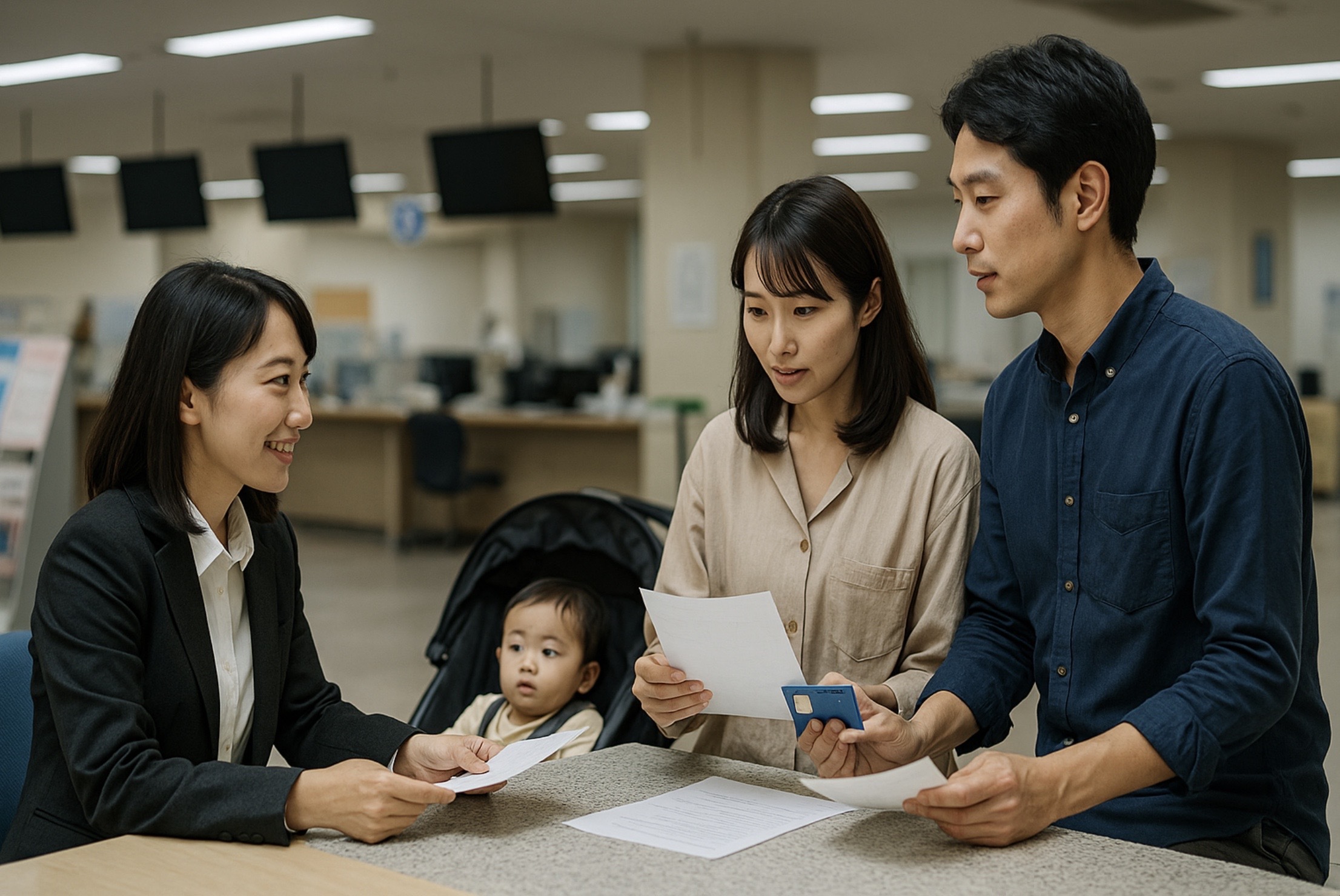 自治体の窓口で職員に補助制度の相談をする日本人の若い夫婦と幼児、申請書類を手に落ち着いた庁舎内で手続きを確認している様子