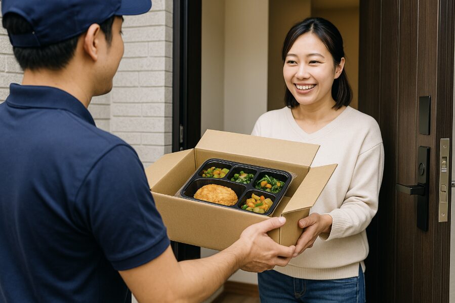 日本の家庭で配送スタッフがまごころケア食の冷凍弁当を段ボール箱で玄関先に届け、笑顔の女性が受け取っている様子。食事の到着と受け取りの流れを表現したシーン。