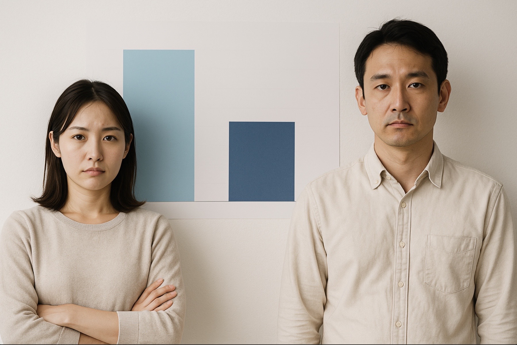 家事負担率の男女差を示すグラフの前で立つ日本人夫婦の写真。女性の負担が多いことを示唆する真剣な表情の二人