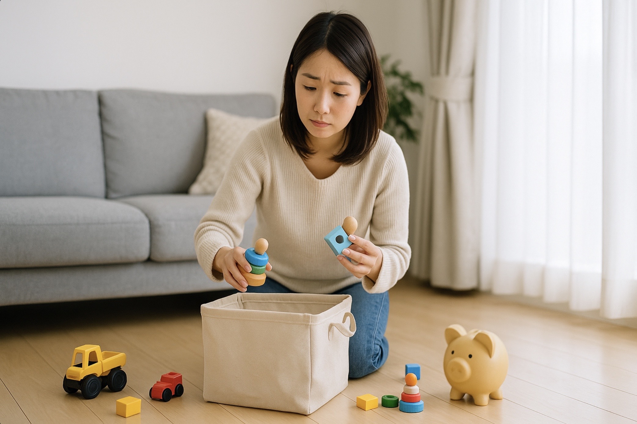 明るいリビングで玩具を片付ける日本人の母親。返却や管理の手間を連想させる、自然光で清潔感のあるシーン