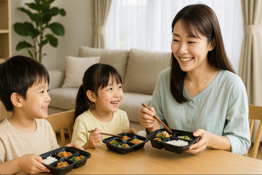 日本の家庭で母親と子どもたちが食卓でまごころケア食の冷凍弁当を笑顔で食べている様子。家族で安心して利用できる温かい雰囲気を表現したシーン。