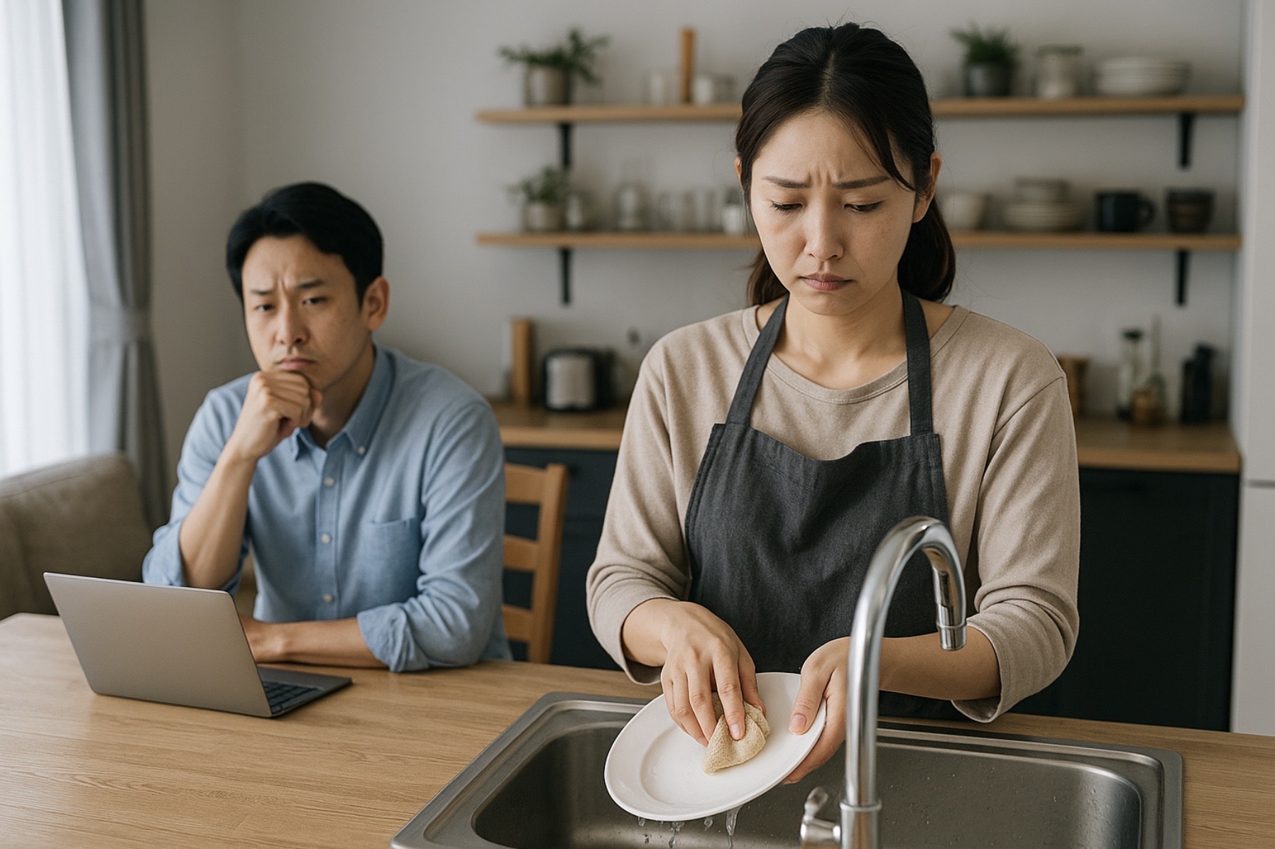 キッチンで皿洗いをする日本人の妻と、後ろで座っている夫の姿を描いた家庭内の家事負担の不均衡を示す画像