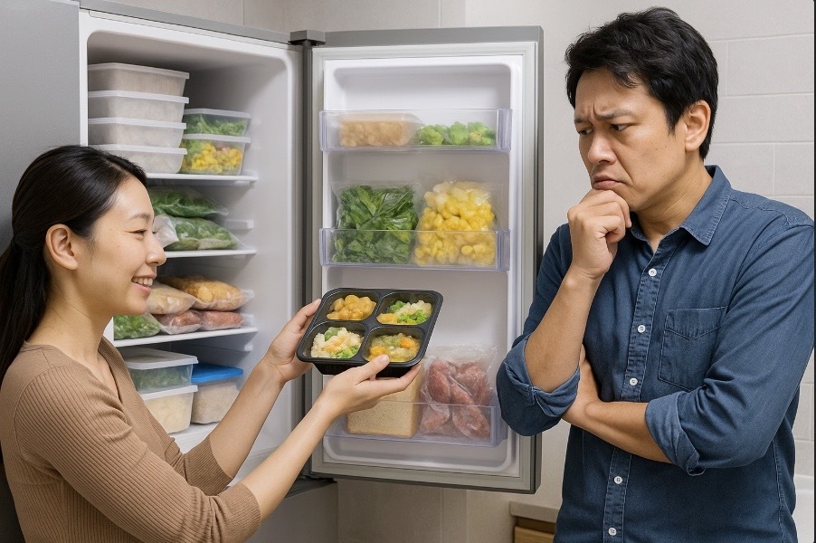 日本の家庭で冷凍弁当を収納する女性と、容量を気にする男性が冷凍庫を確認している様子。整理された冷凍庫内と容量の検討をする家庭のリアルな場面。