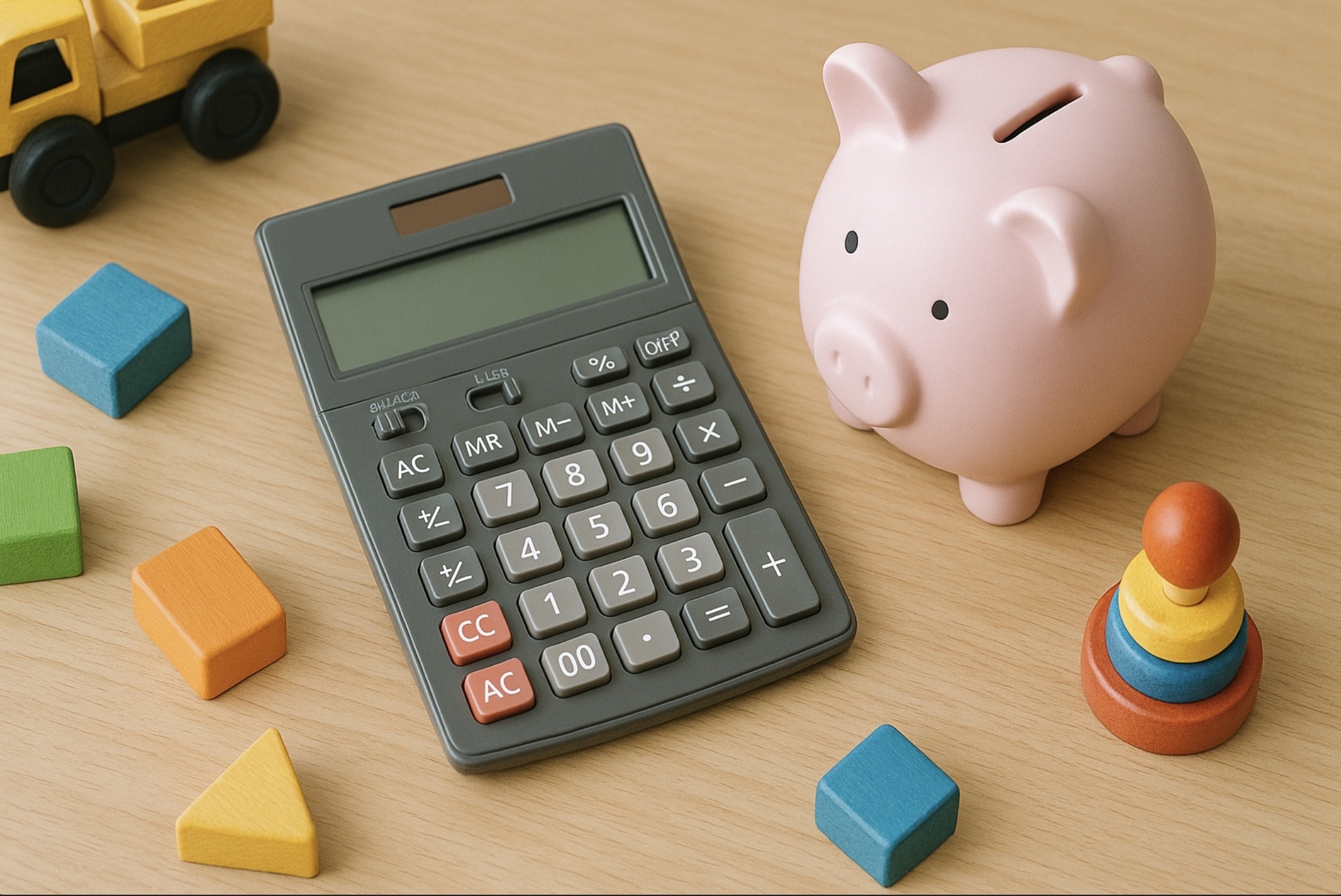木目のテーブルに置かれた貯金箱と電卓、木製ブロック。サブスク料金の比較や家計管理をイメージさせる高解像度の写真