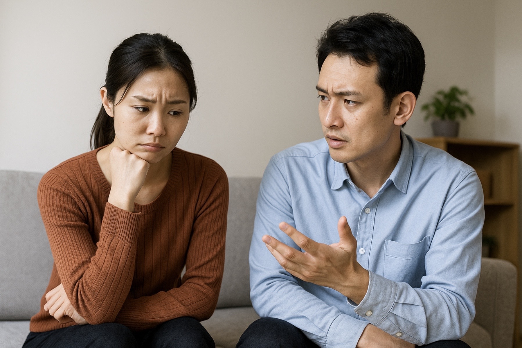 家事をしない配偶者への不満を抑えながら、関係修復のために冷静に話し合う日本人夫婦の写真