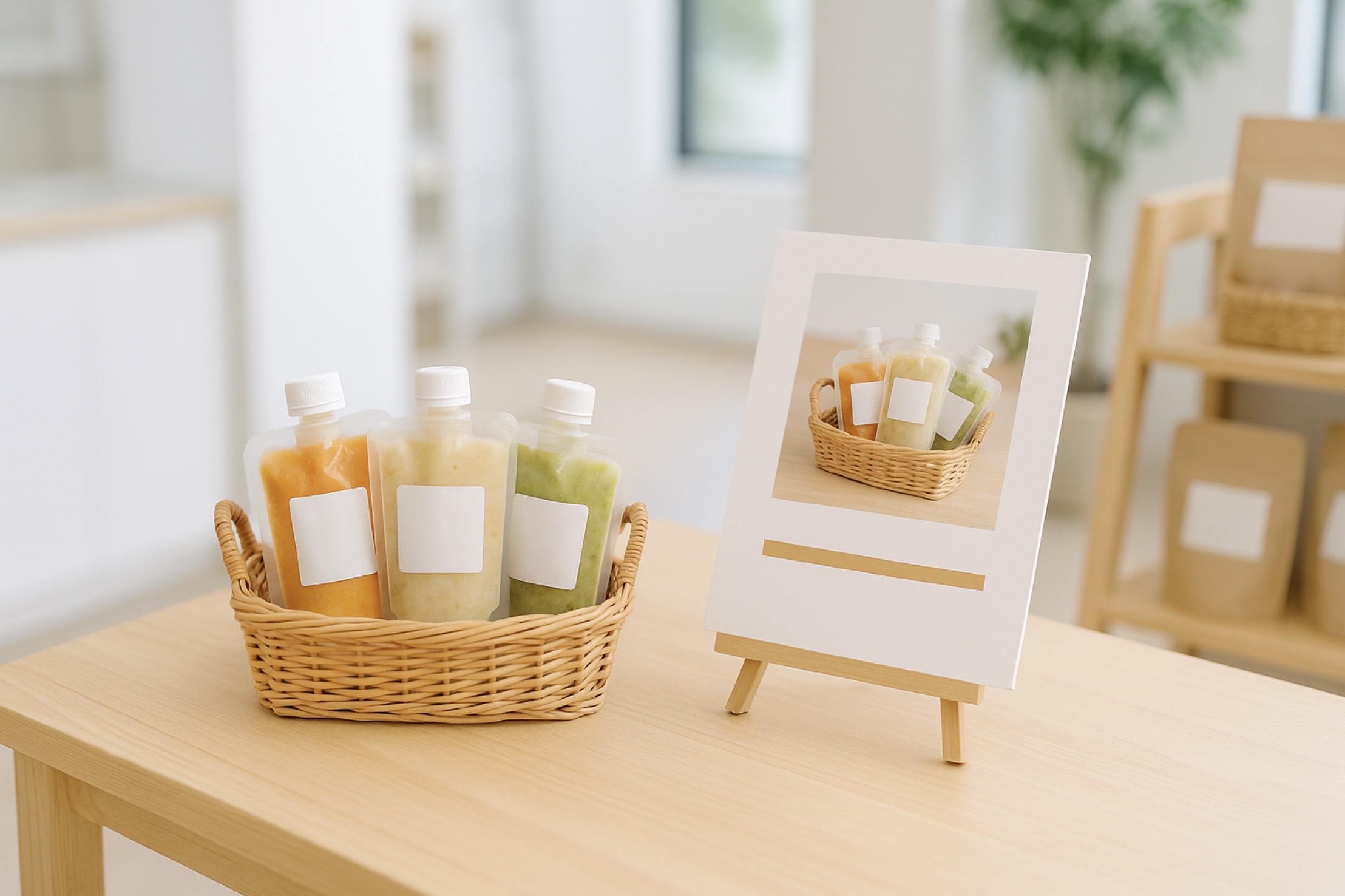 明るい自然光の差す店内で、木製テーブルに並べられたベビーフードのお試しセットと展示用のパネルが置かれた清潔感のあるディスプレイ
