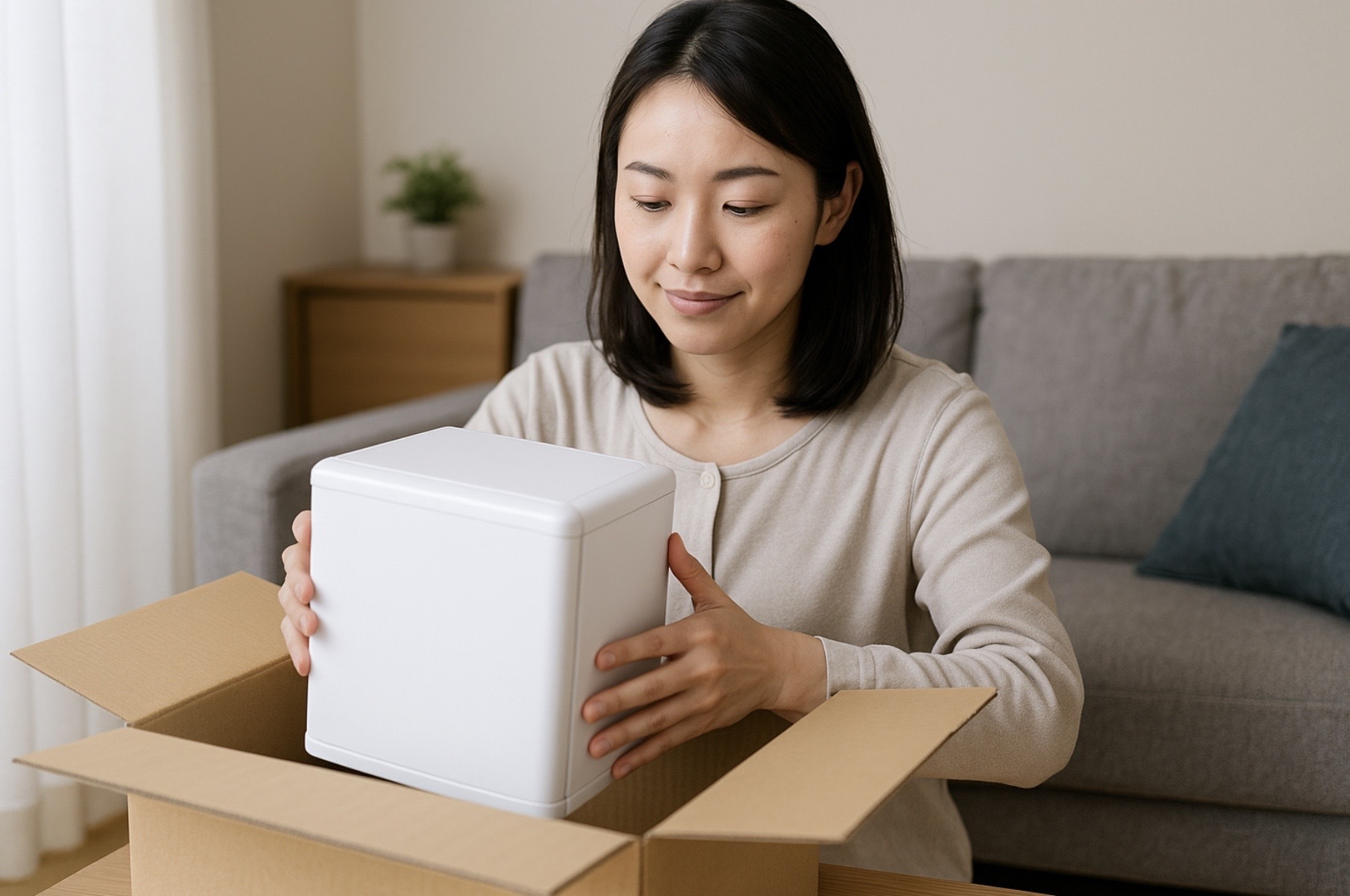 日本の家庭で女性が小型冷凍庫を段ボール箱に丁寧に梱包している様子。返却作業を落ち着いた雰囲気で行う姿を通じて、返却方法や送料負担のイメージを伝えるシーン。