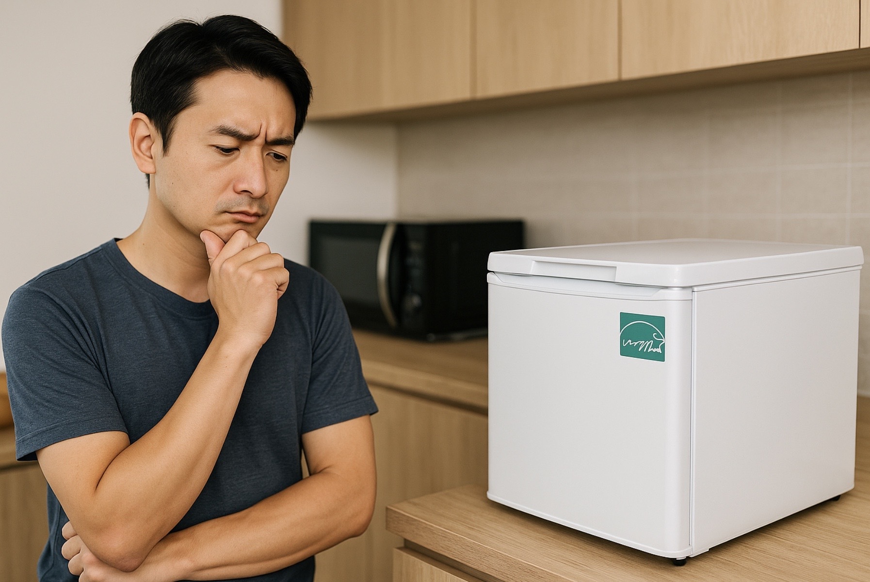 日本の家庭で男性が小型冷凍庫の前で性能やコストについて考えている様子。省エネ設計の冷凍庫を見つめながら慎重に検討する姿が、レンタルの性能や注意点を表現している。