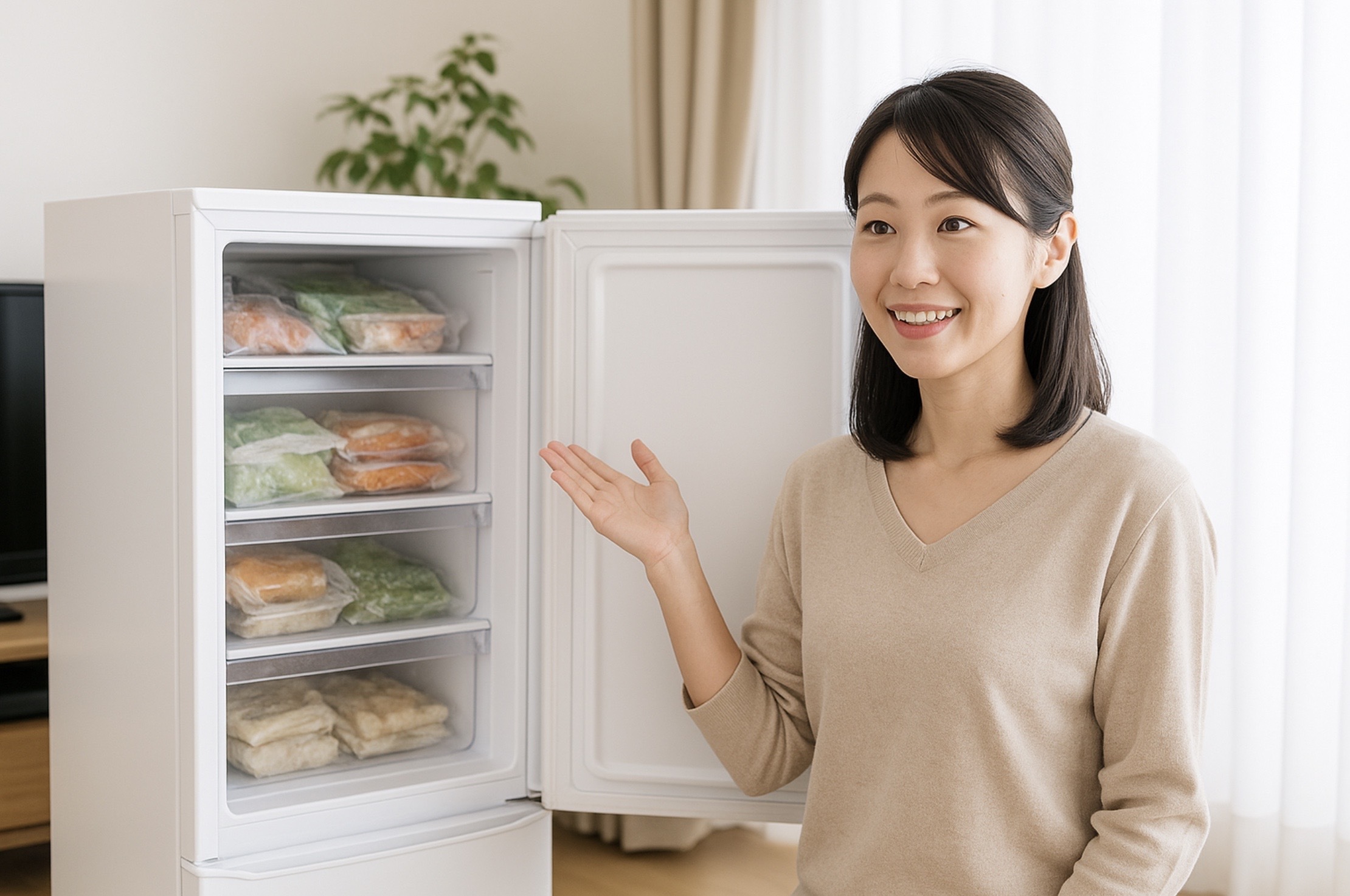 日本の家庭でまごころケア食を受け取り、冷凍庫なしで利用できる食事パックを確認する女性の様子。清潔なキッチンでの高品質な冷凍食の利用イメージ。