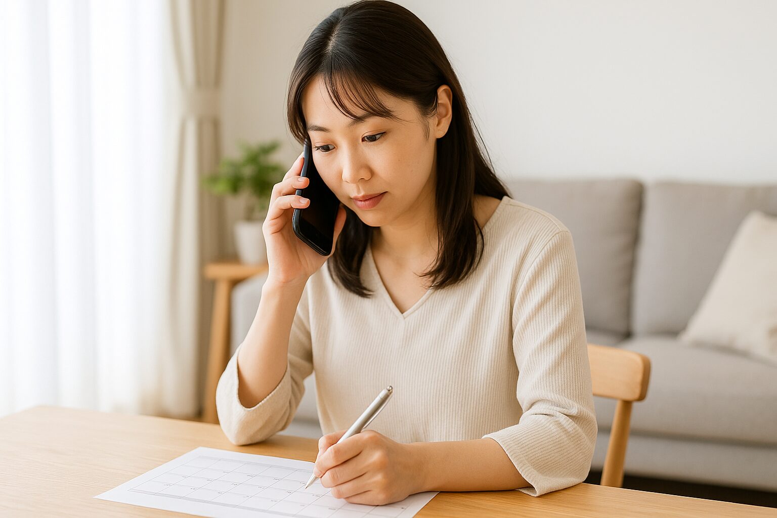 日本人の母親がスマートフォンで連絡を取りながらカレンダーに予定を書き込んでいる、定期便や解約スケジュールを確認している明るいリビングの様子