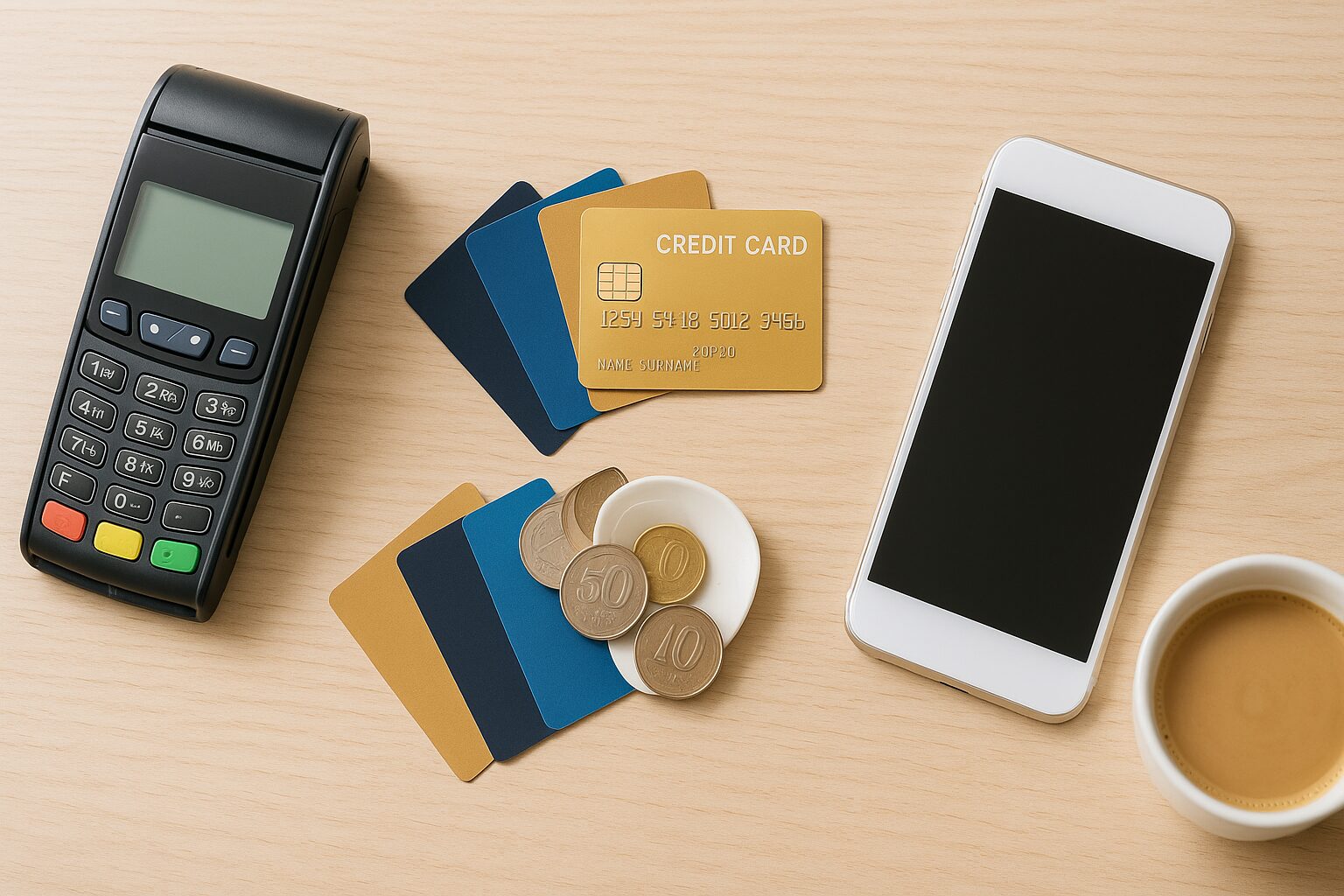 スマートフォン、クレジットカード、電子マネー端末、コインが木製テーブルに並べられ、複数の支払い方法をイメージさせる明るいナチュラルな構図