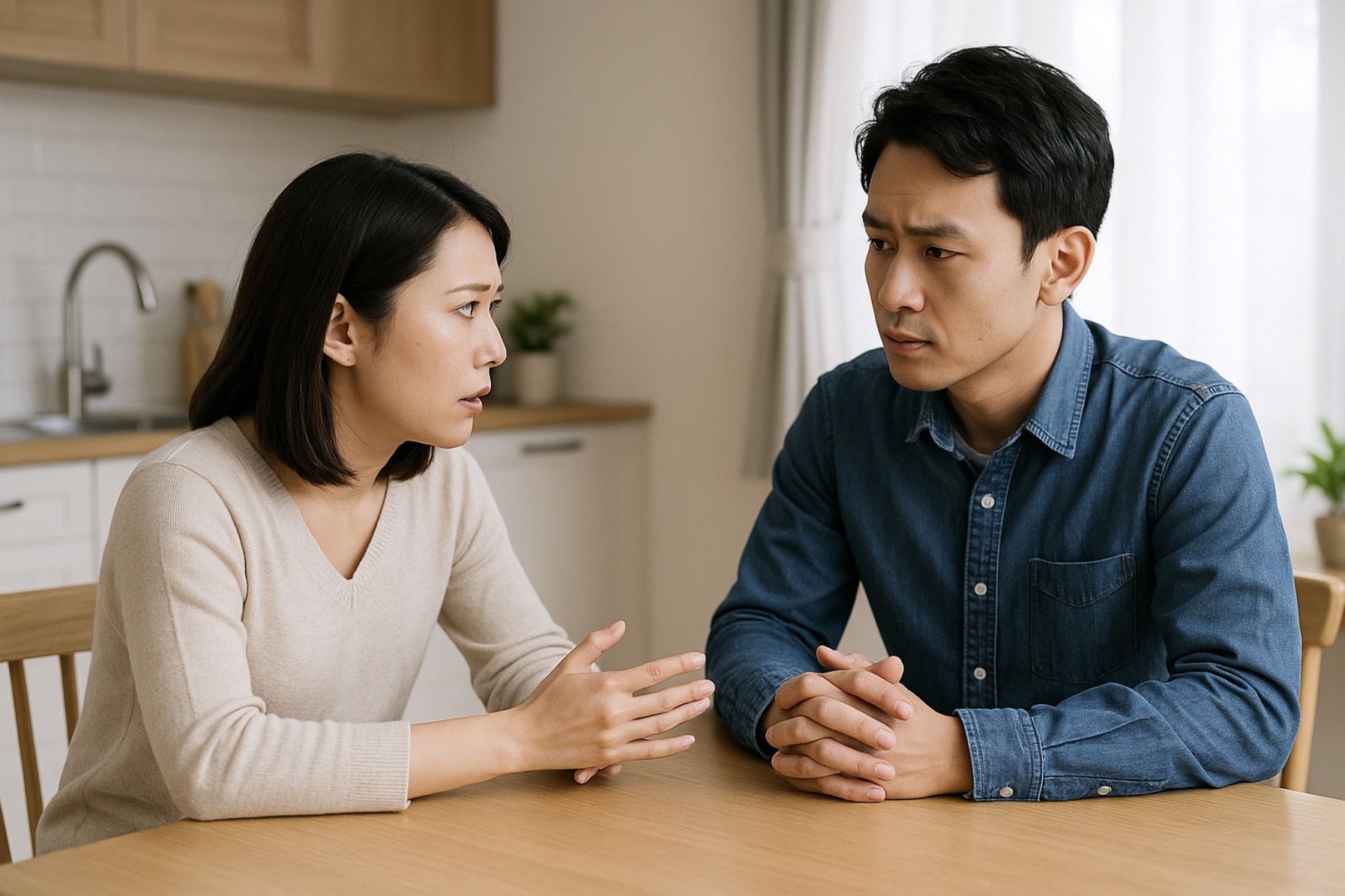 共働きの日本人夫婦がリビングテーブルで家事分担の問題を真剣に話し合う様子の写真