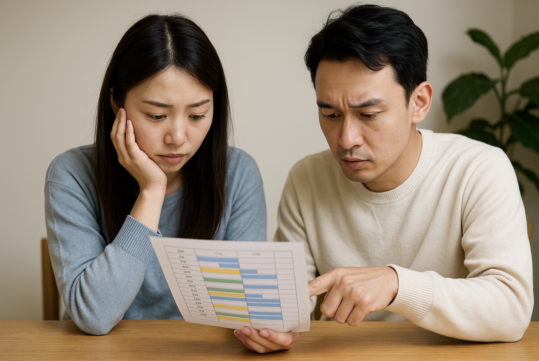 日本人の共働き夫婦が家事リストを見ながら、やめてもいい家事について真剣に話し合っている様子の写真