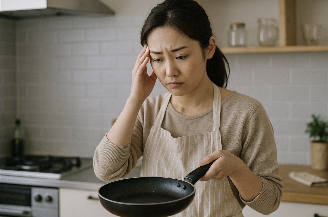 家事に疲れて頭を押さえながら悩む日本人女性がキッチンでエプロンをつけて立っている様子の写真
