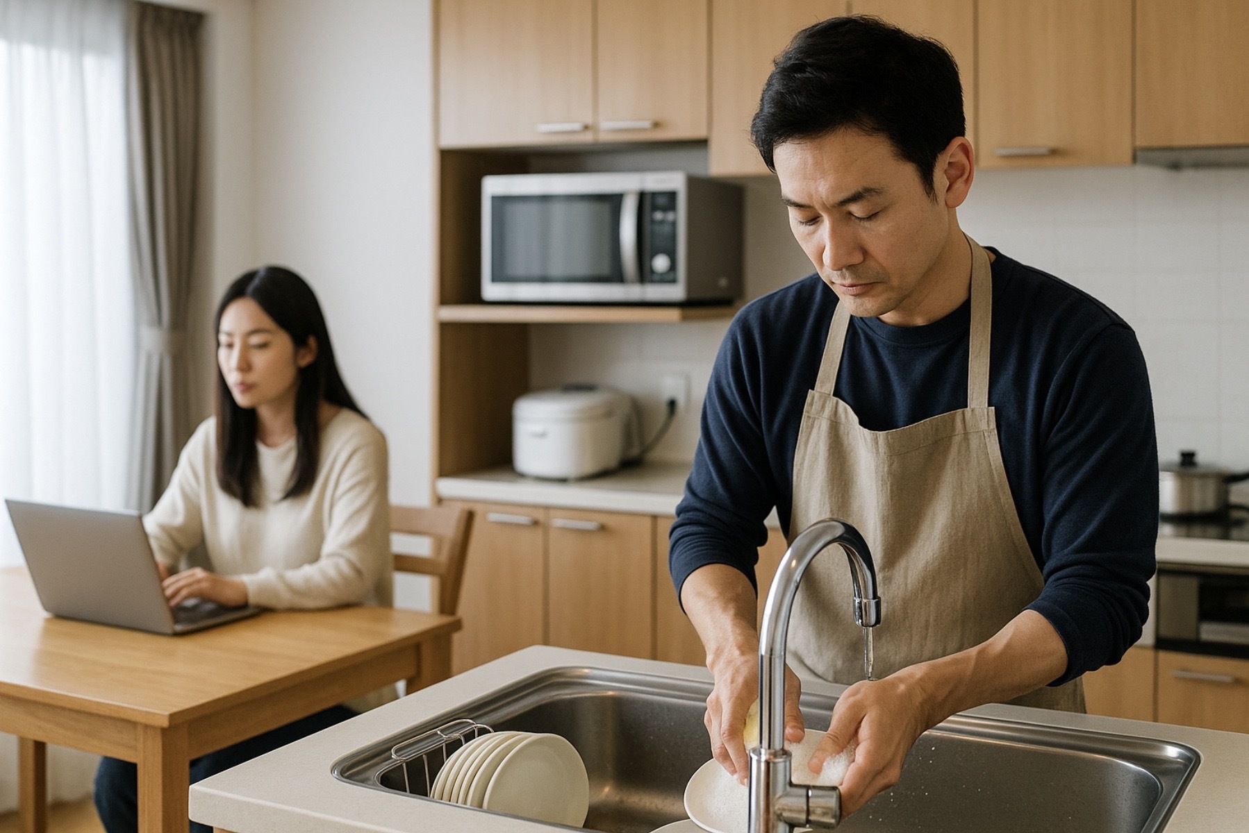 日本人の夫がキッチンで皿洗いをしている様子と、後ろで仕事をしている妻を描いた家事分担が夫に偏る家庭の光景