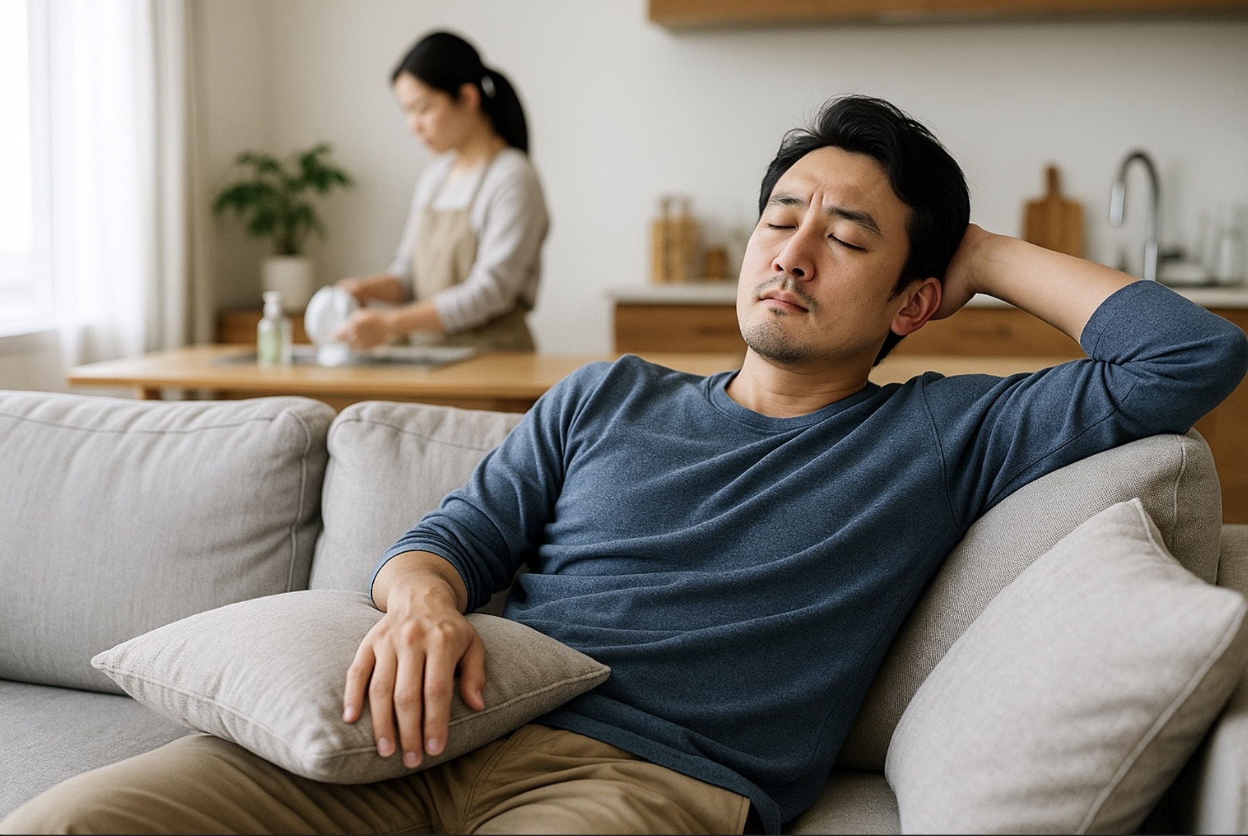 日本人の夫がソファでくつろぐ一方で、妻がキッチンで皿洗いをしている様子を描いた家事を全くしない夫のイメージ