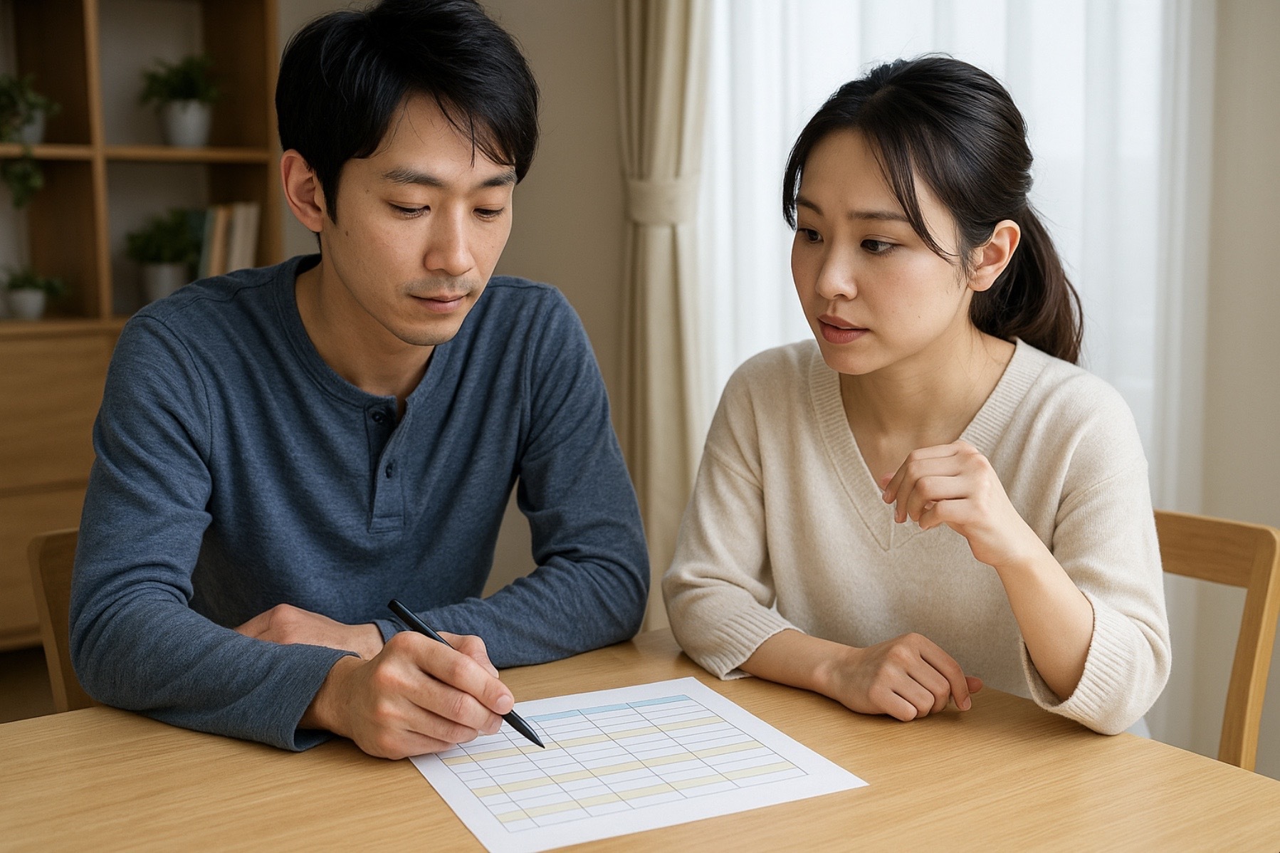 日本人の共働き夫婦がテーブルに置かれた家事分担表を見ながら相談している様子の写真