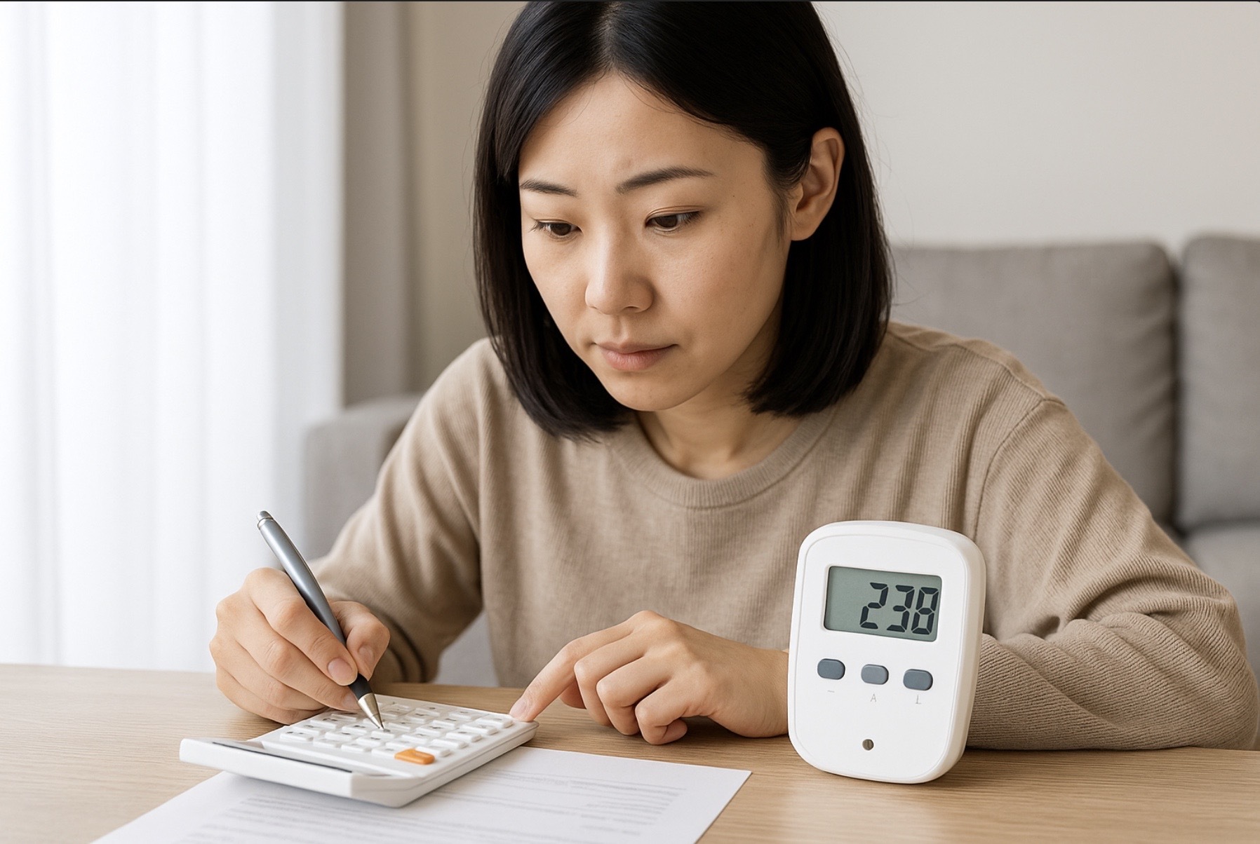 日本の家庭で女性が電気代の明細を見ながら電卓を使って冷凍庫の電気代を計算している様子。省エネ家電の実測値や月額目安を検討しているリアルなシーン。