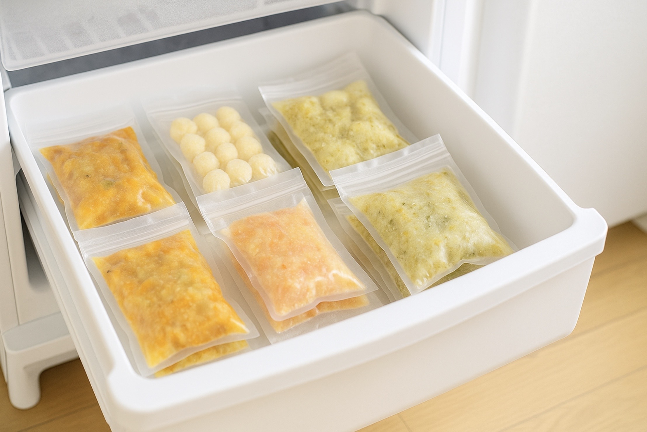 冷凍庫の引き出しに整理された複数のベビーフードパックが並んでいる明るく清潔なキッチンの様子