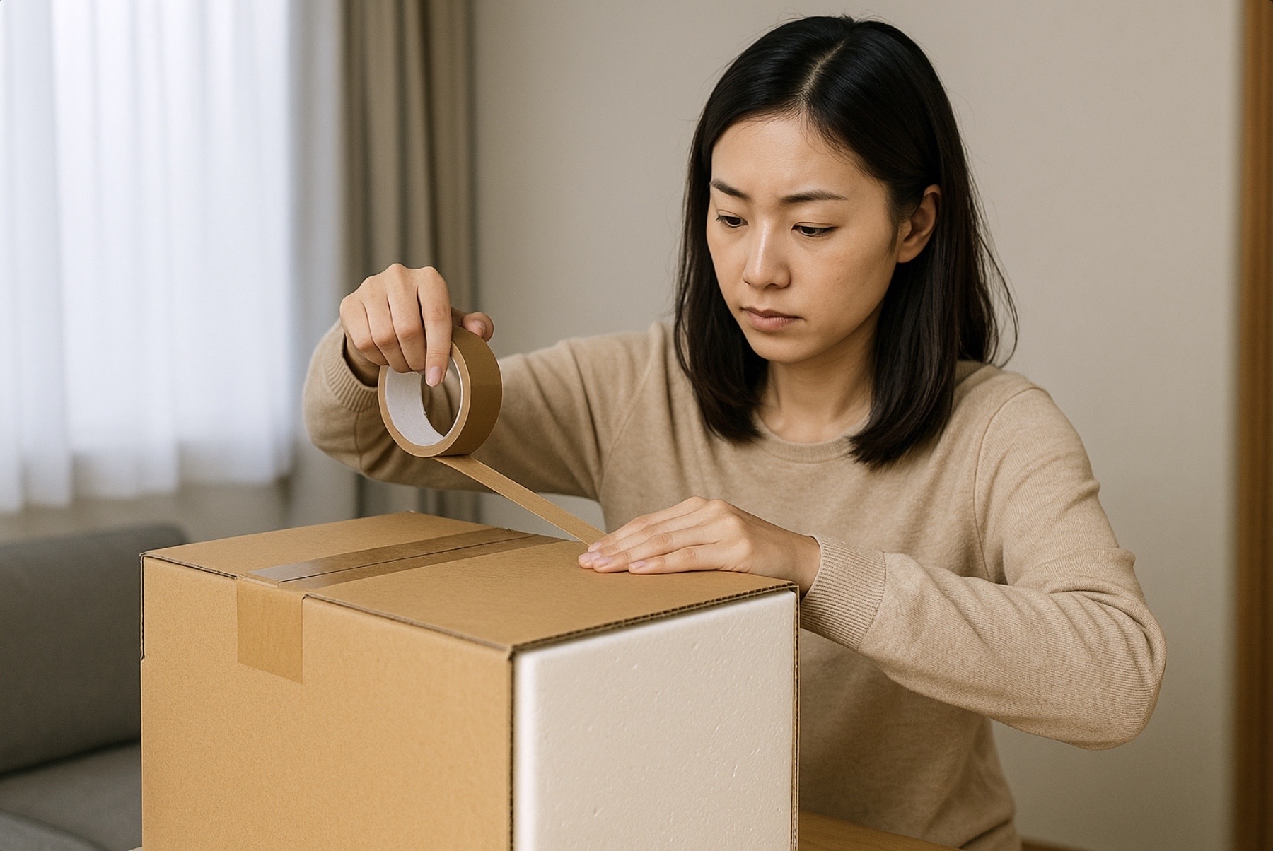 日本の家庭で女性が冷凍庫の返却・解約のために段ボール箱を丁寧に梱包している様子。ガムテープで封をしながら慎重に作業を進める姿が、解約時の梱包手順と買取対応の丁寧さを表現している。