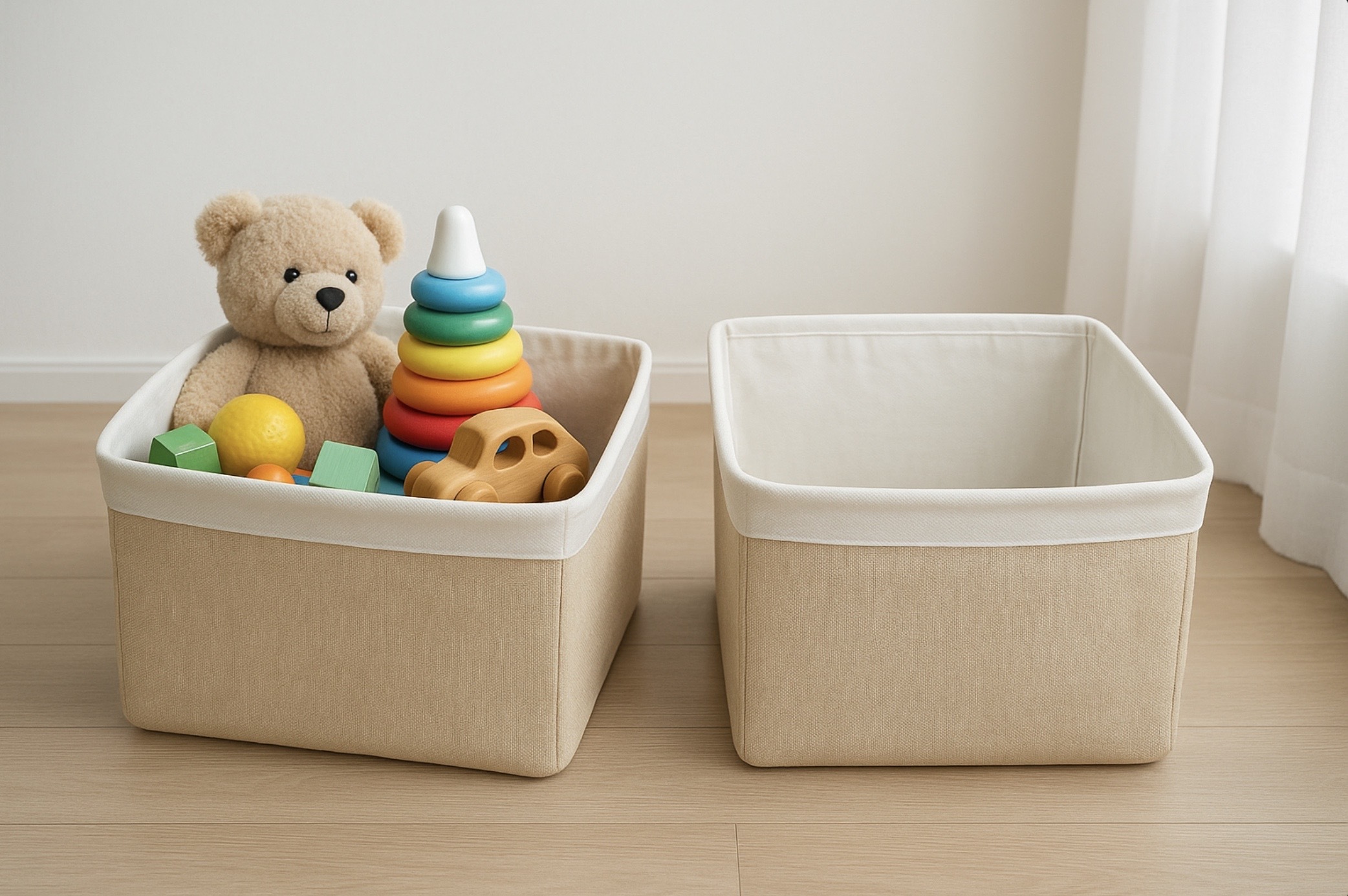 同じ大きさの収納ボックスを並べ、片方に玩具が入ってもう片方は空の状態。ボリューム差やプランの有無を示唆するシンプルな構図