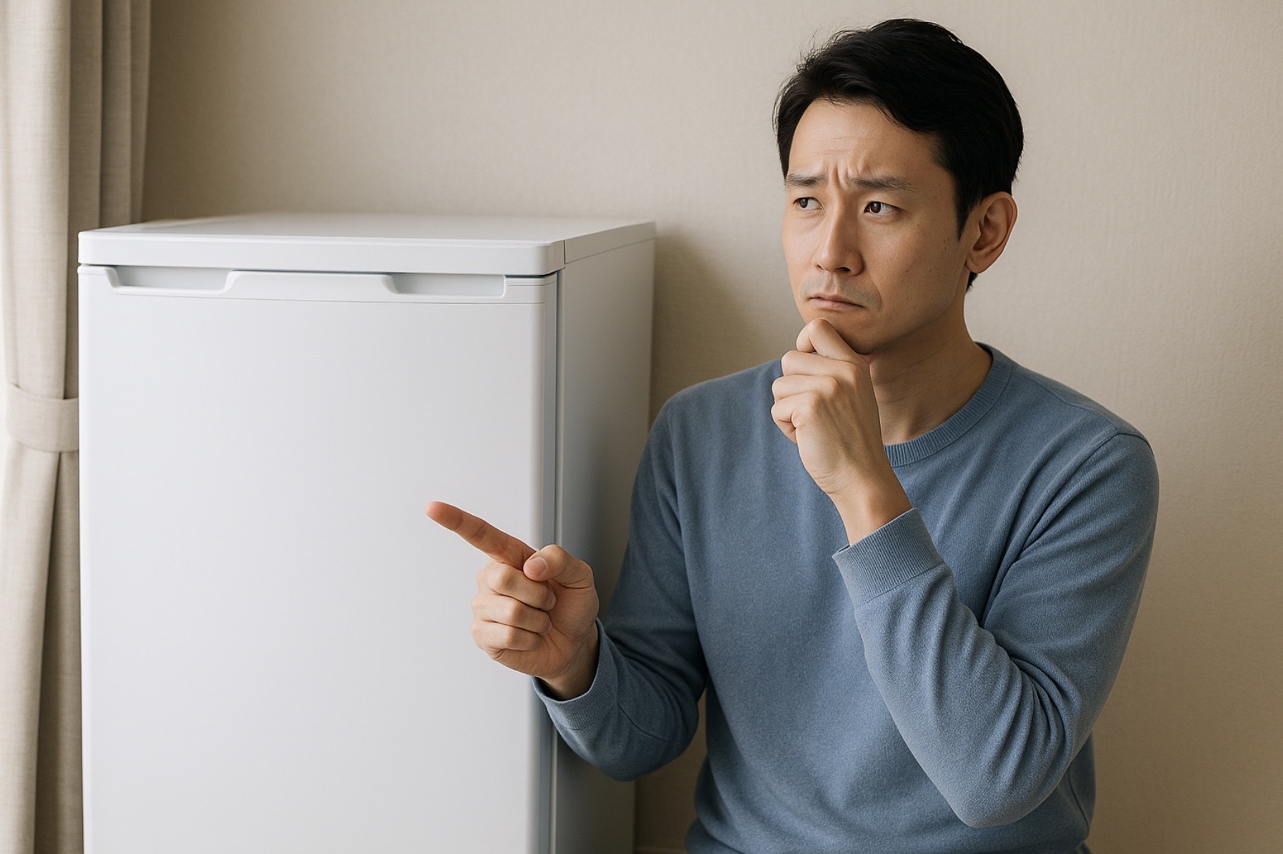 日本の家庭で男性が冷凍庫を前に保管方法や代替手段を考えている様子。冷凍庫を指さしながら思案する姿が、保管や他の方法を検討するシーンを表現している。
