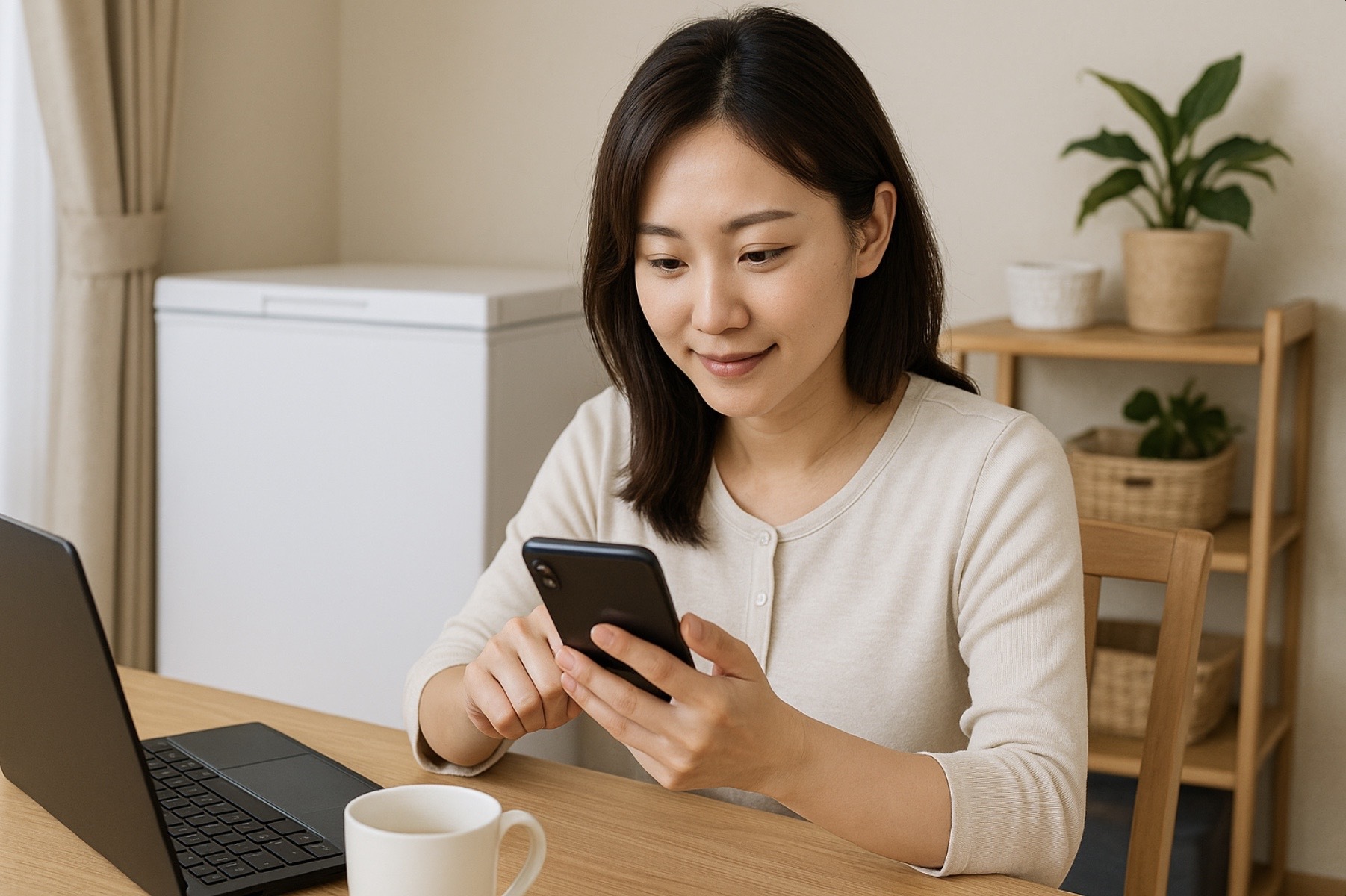 日本人女性がスマートフォンでまごころケア食の口コミやレビューを確認している様子。リビングのテーブルにノートパソコンとコーヒーカップがあり、落ち着いた雰囲気の中で満足そうに微笑んでいるシーン。