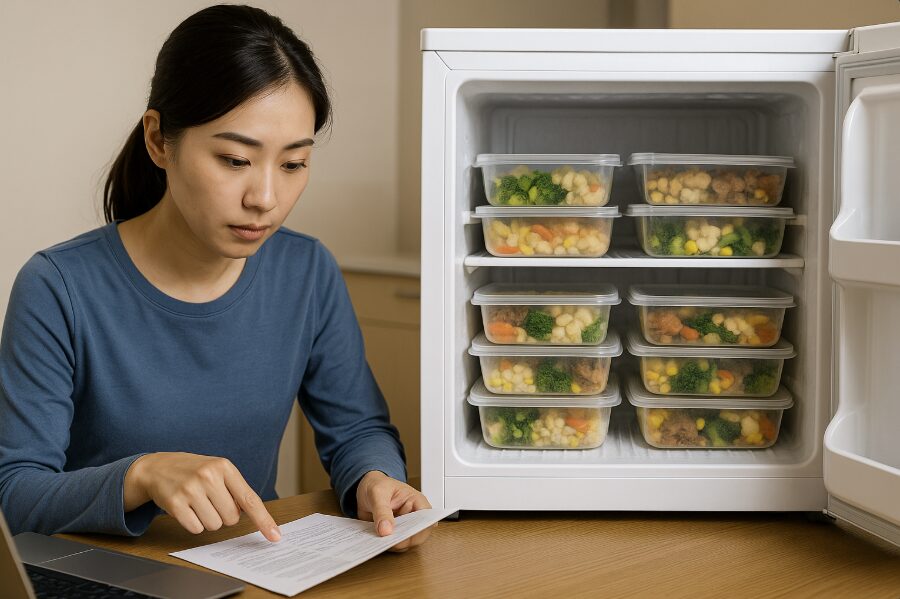 日本の家庭で無料レンタル冷凍庫を確認する女性が、冷凍弁当を整理しながら契約書を確認している様子。整頓された冷凍庫と明るい室内の安心感ある雰囲気。