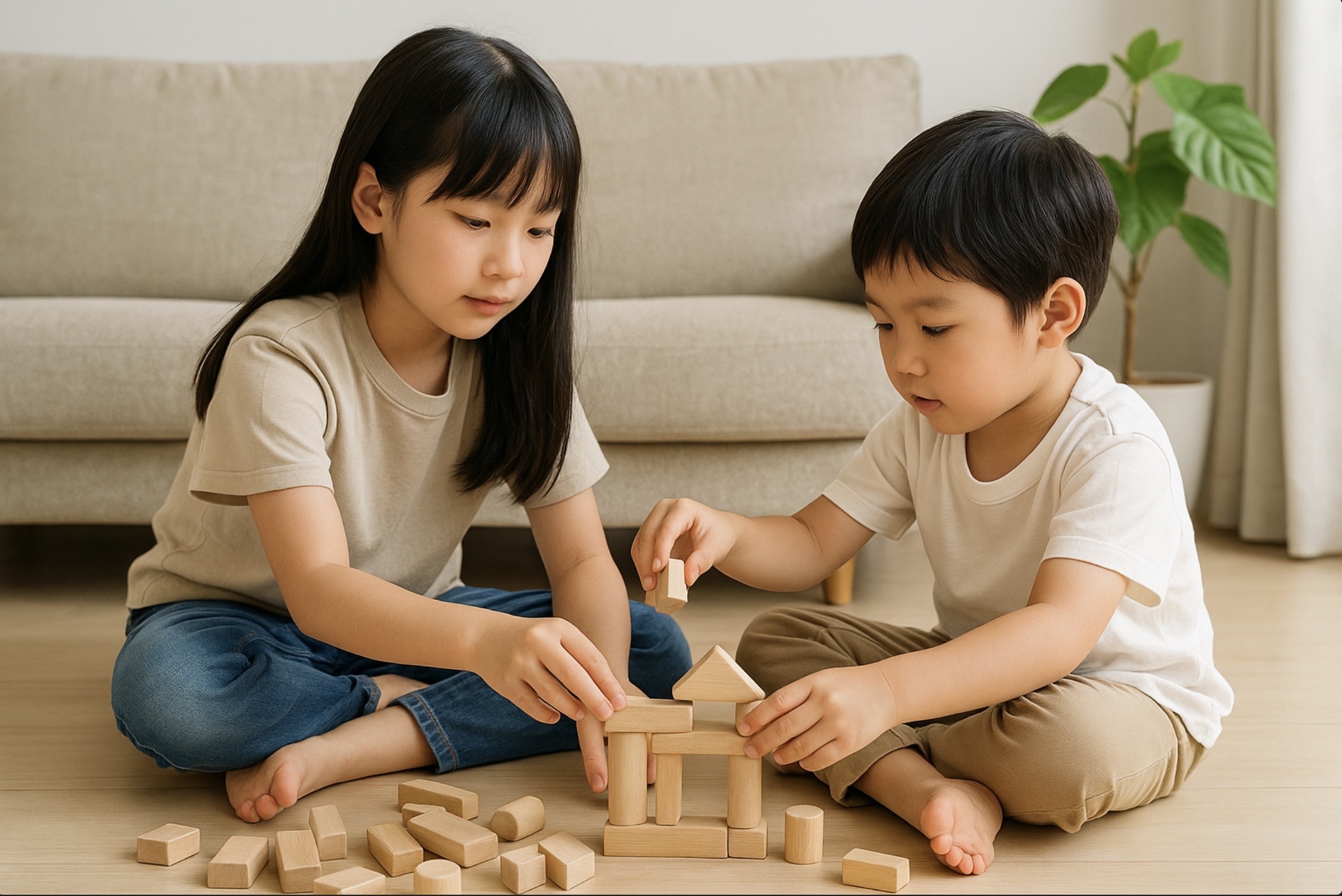 日差しの差し込むリビングで木製ブロックを一緒に組み立てる日本人の姉弟。おもちゃを分け合う兄弟利用のイメージ