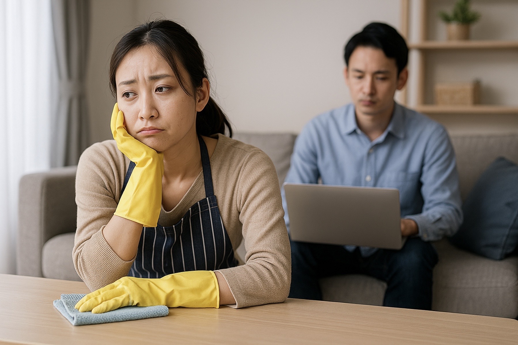 共働きの日本人夫婦がリビングで家事分担に悩み、妻が疲れた表情を浮かべる様子を描いた画像