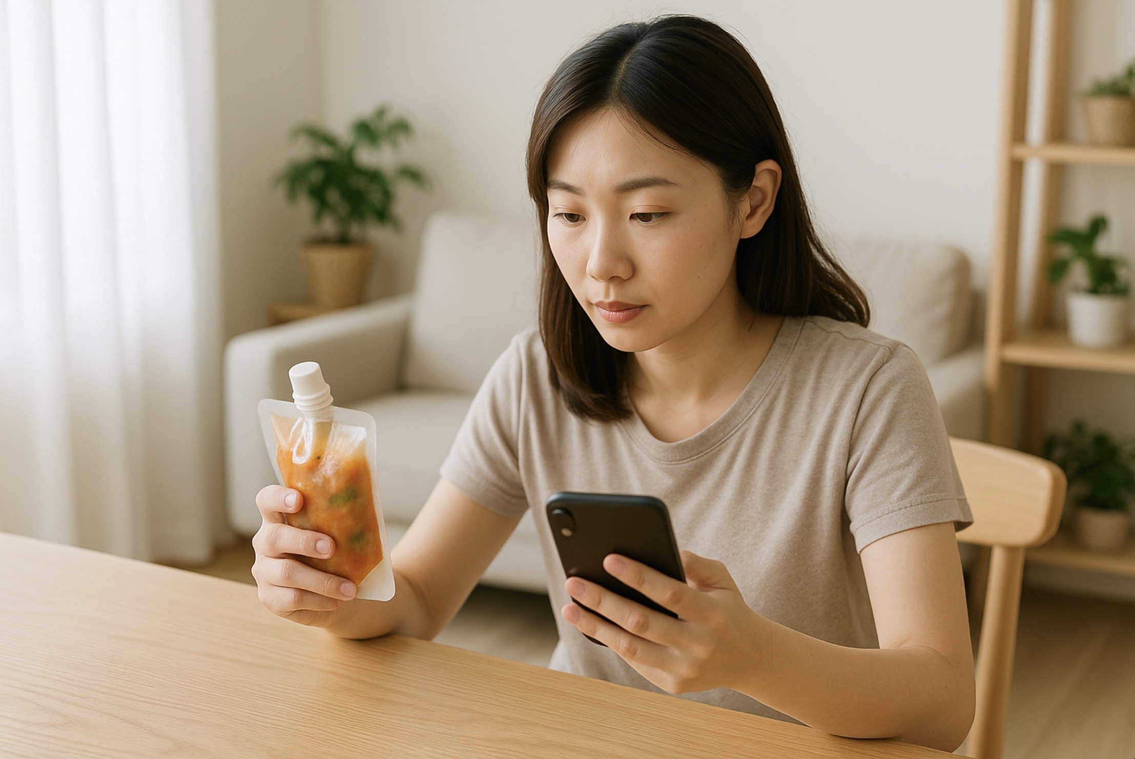 若い日本人の母親が木製テーブルの上でスマートフォンとベビーフードパウチを見比べながら価格を検討している明るいリビングの様子