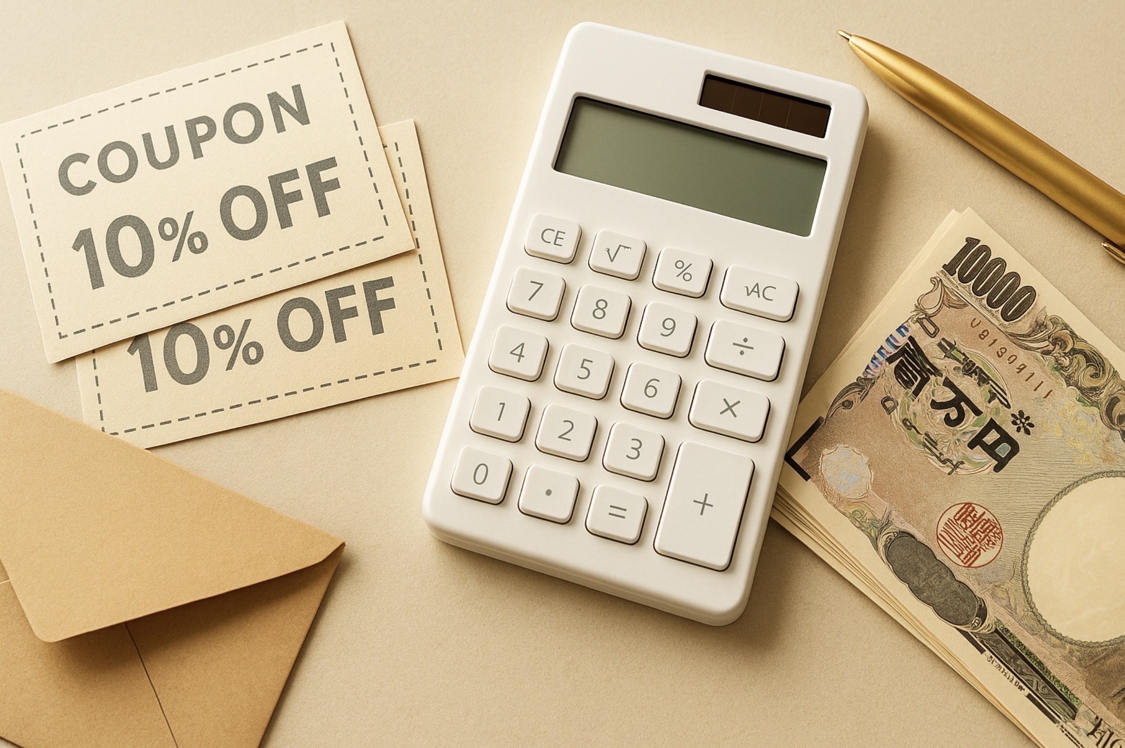 割引クーポン、電卓、日本円が整然と並べられ、節約や最安値購入をイメージさせる明るいテーブルの上の構図