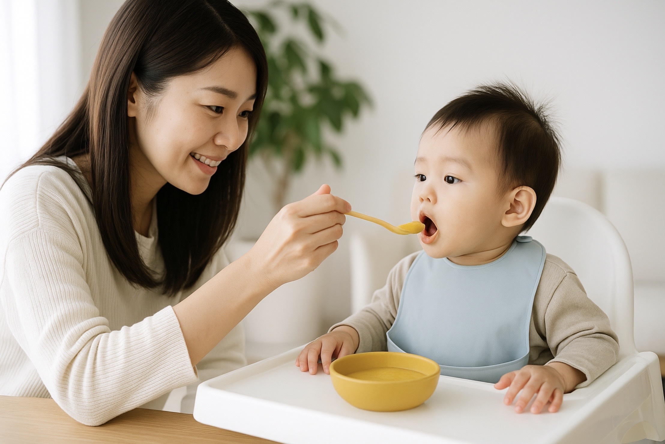 若い日本人の母親がハイチェアに座る赤ちゃんにスプーンで離乳食を与えている、自然光の差す明るいダイニングでの温かい親子の食事風景