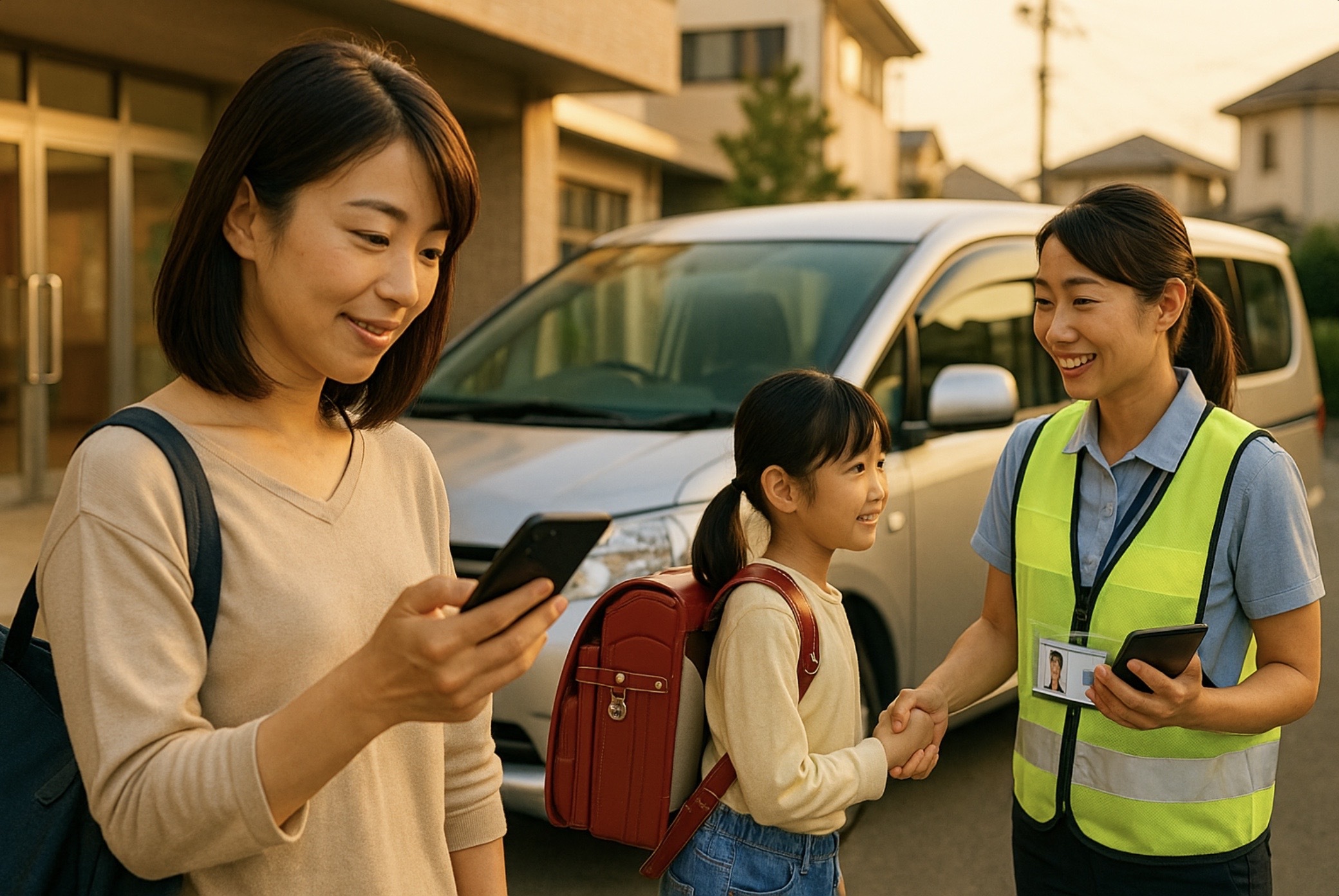 日本の住宅街で母親がスマートフォンで送迎予約を行い、反射ベストを着たスタッフが小学生と握手して引き継ぐ横で送迎用ワゴンが待機する、外部サービス活用を表すイメージ