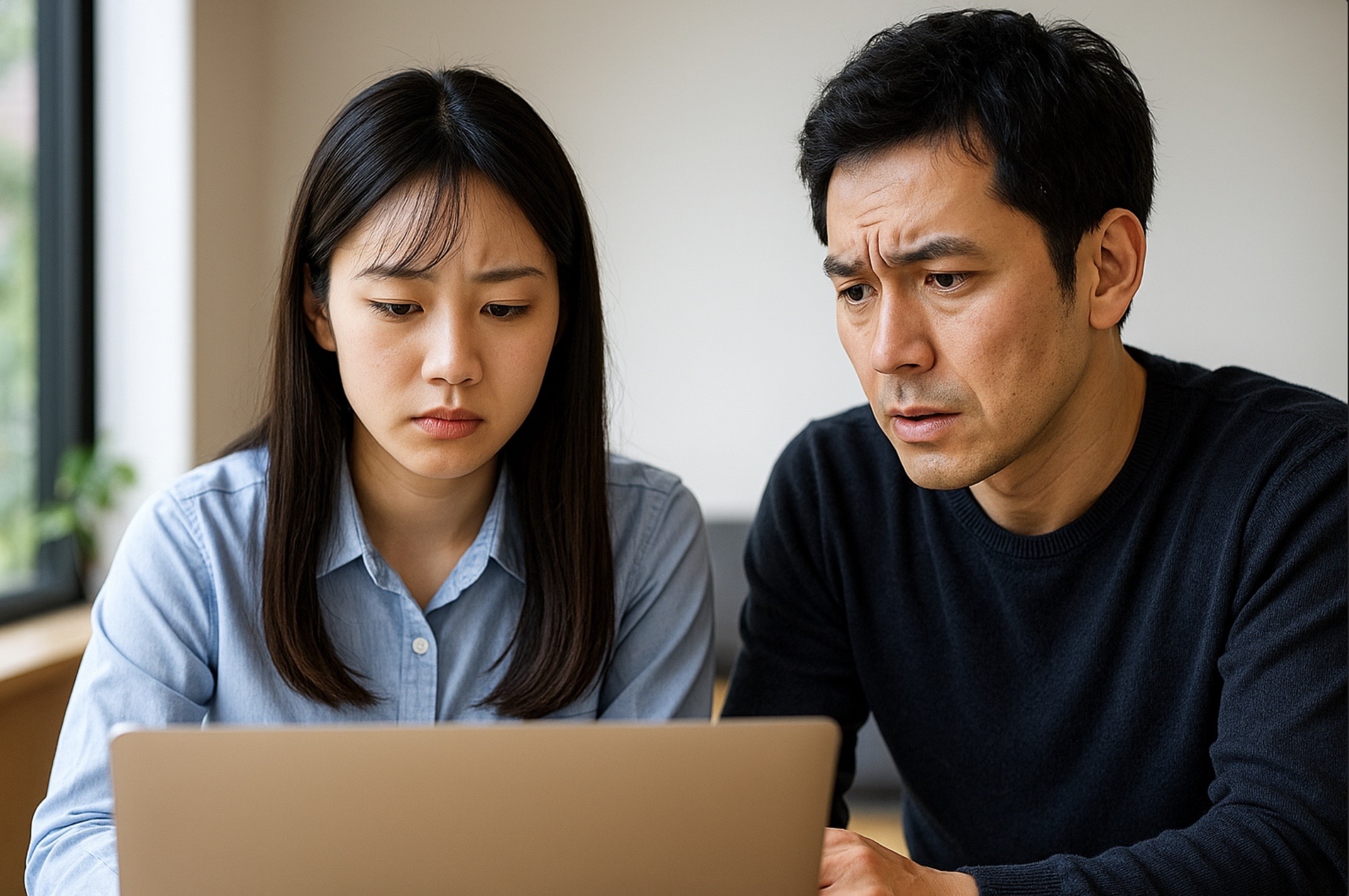 オンライン個別指導の講師変更についてノートパソコン画面を見ながら真剣に相談する日本人の親子