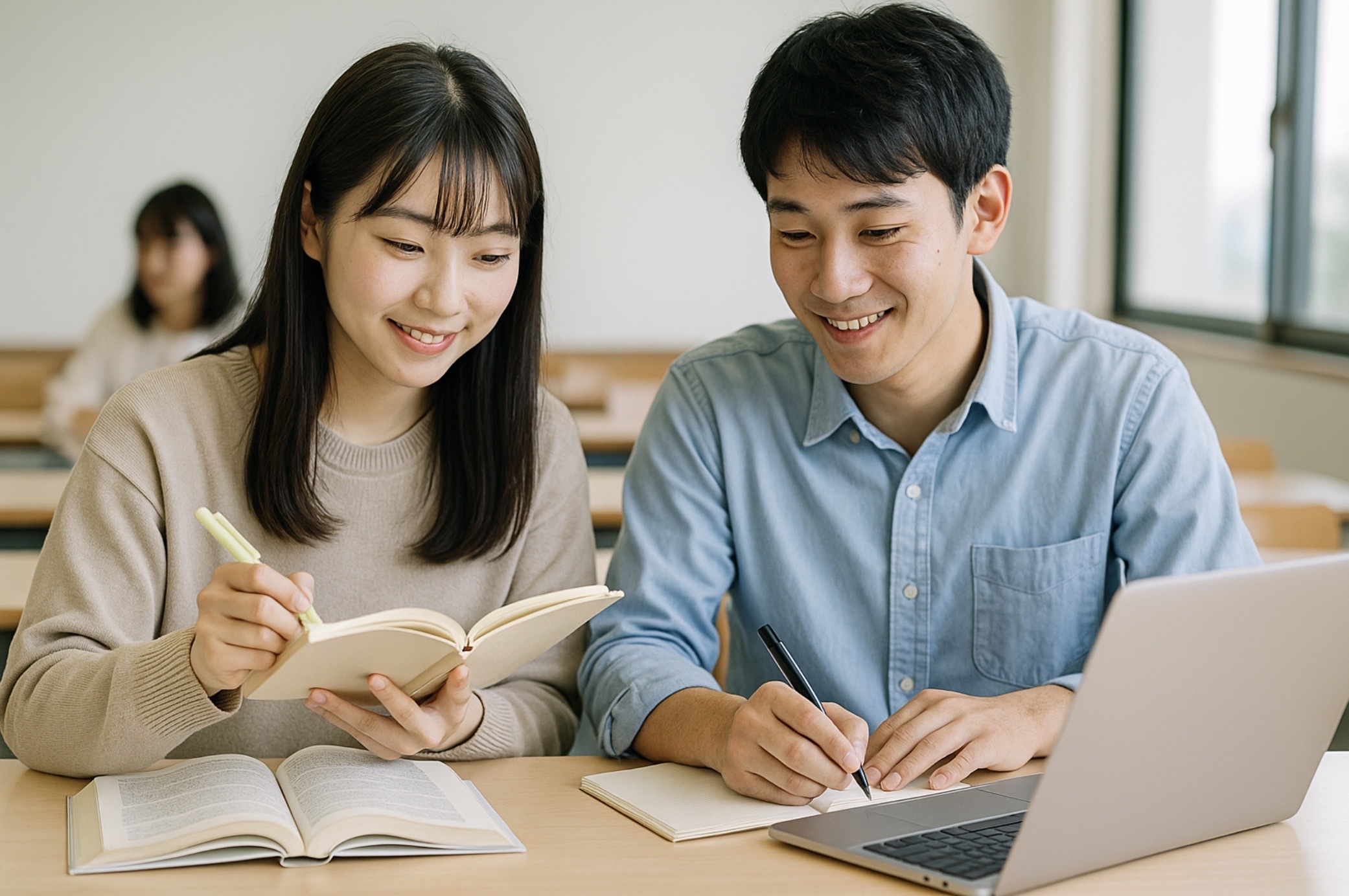 難関私立大学の受験対策として日本人の男女の大学生が教室で参考書とノートパソコンを使って共同学習している様子