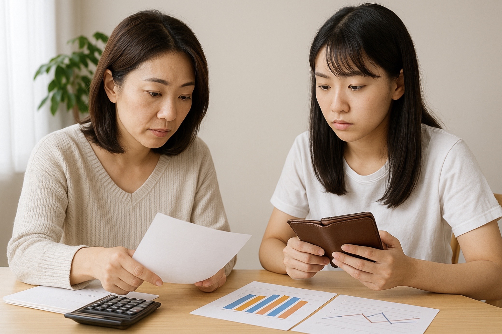 オンライン個別指導トウコベの料金や入会金について資料とグラフを見ながら家計を相談している日本人の母娘