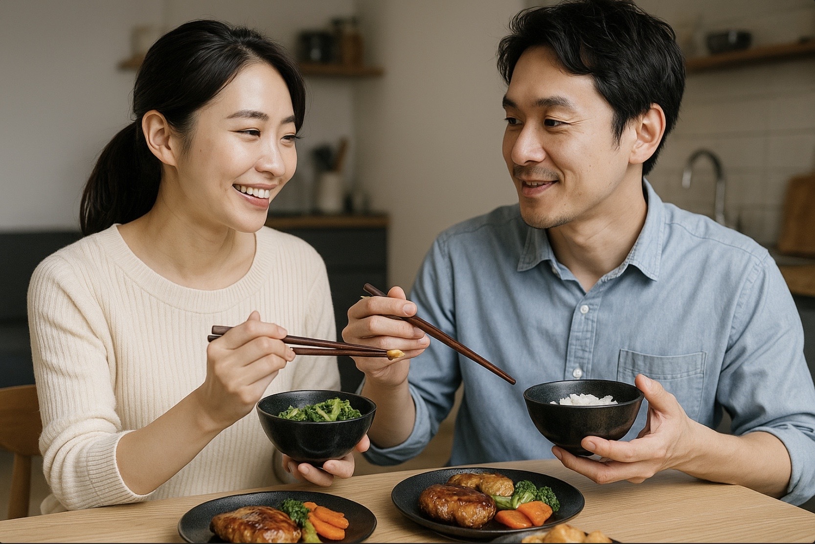 日本人カップルがダイニングで料理を分け合いながら食事を楽しむ様子。家庭内の協力と中食の活用を示すシーン
