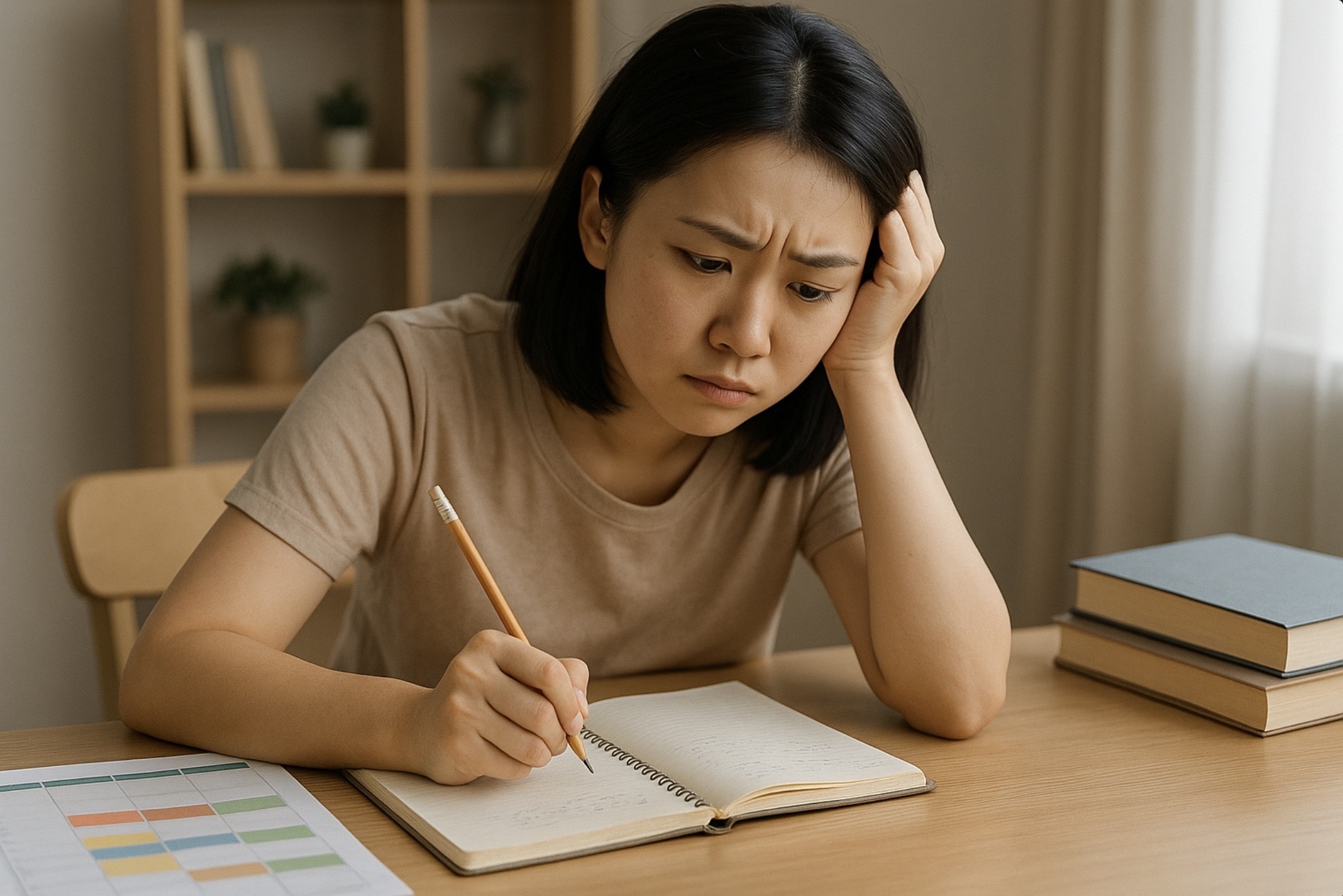 ートと時間割表を前にオンライン家庭教師の質について真剣に考える日本人女性の勉強シーン