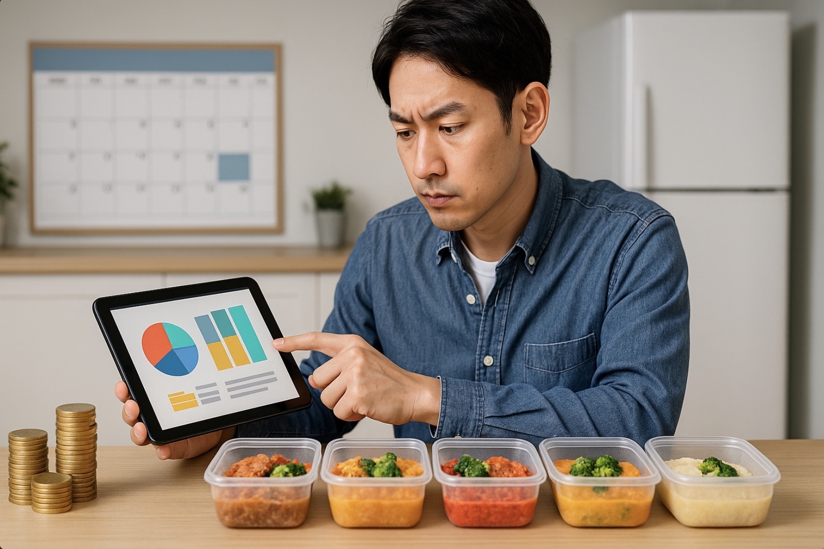 日本人男性がキッチンでタブレットを見ながら、5つの保存容器に小分けした料理とコインの山を前に料金プランと週5食の保存期間を検討している様子。16:9の高解像度で清潔感と統一感のあるイメージ