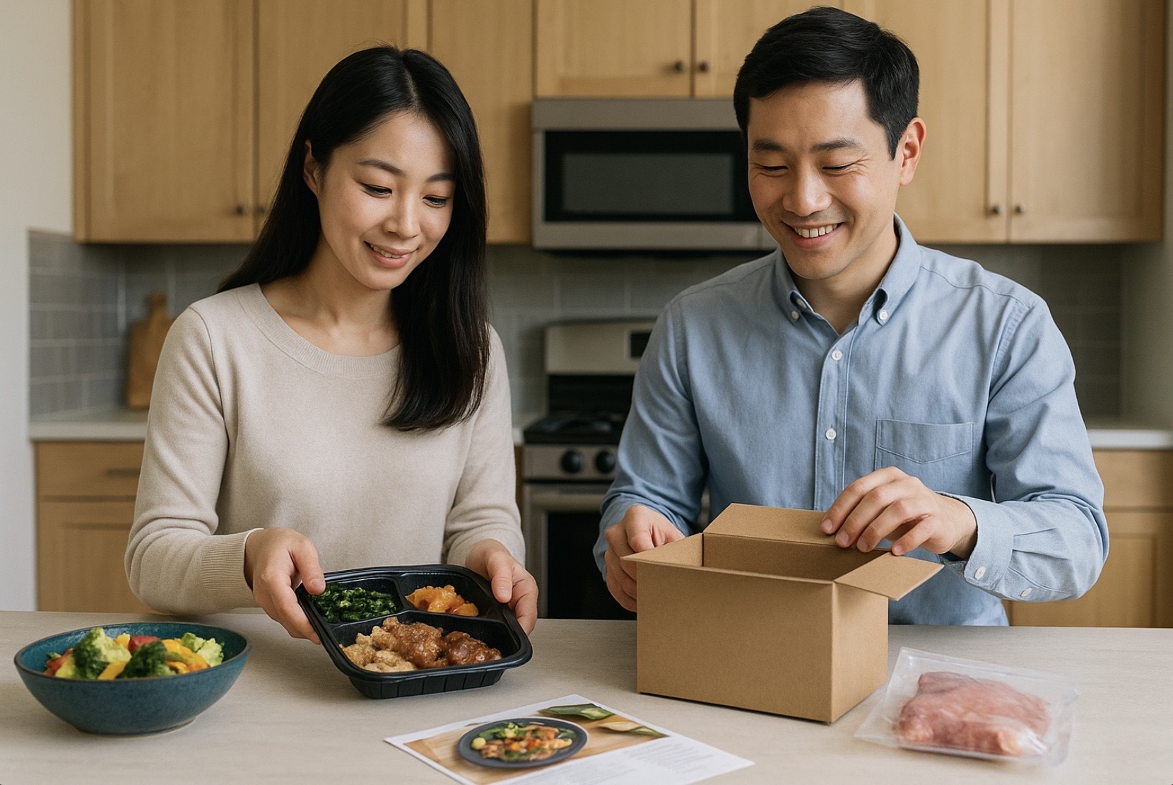 明るいキッチンで日本人カップルが下ごしらえ済みの食材を取り出し、トレーに盛り付けて調理を進めるシーン。ミールキットの手軽さとバランス調理を示すイメージ